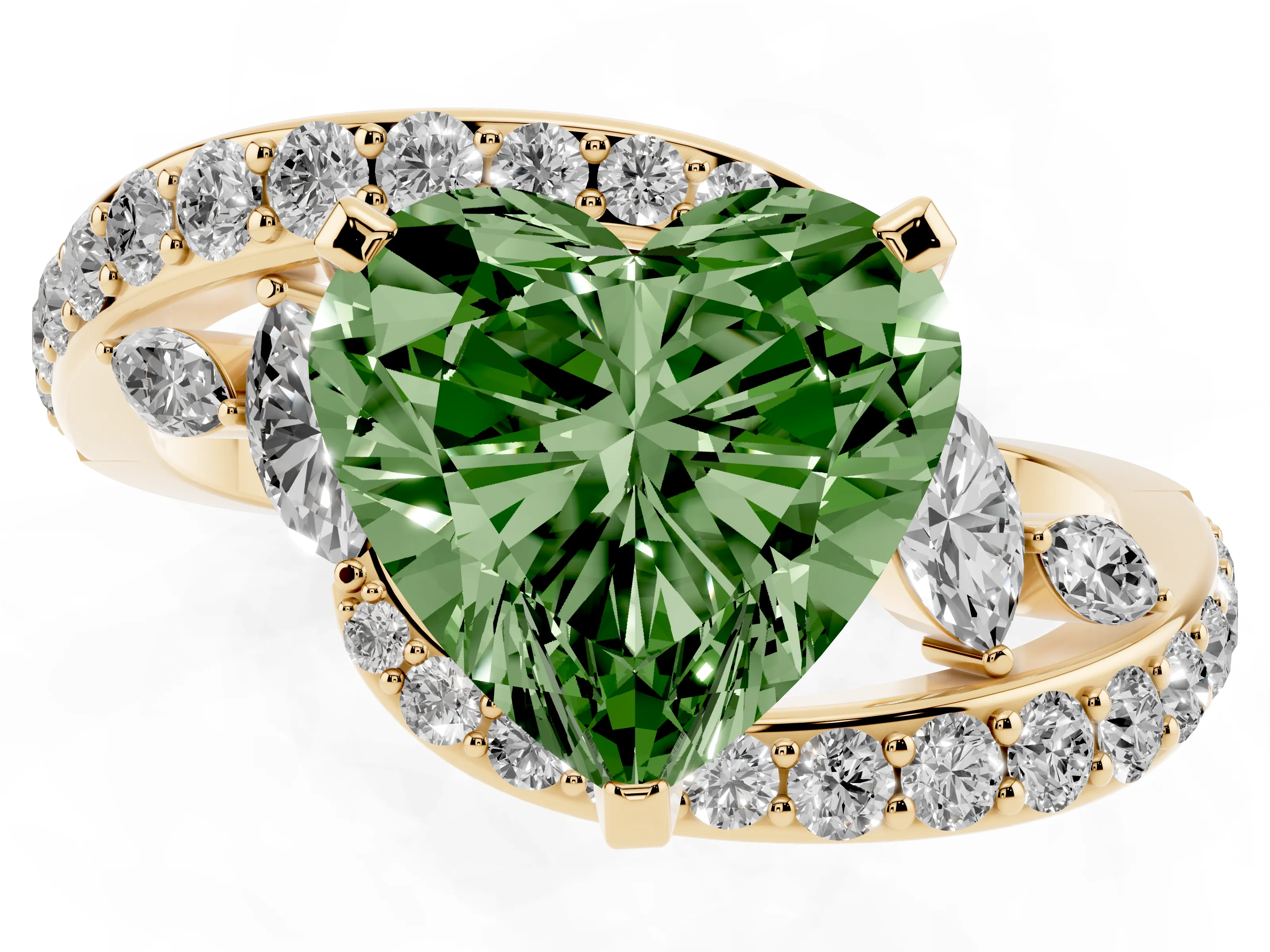Fancy Green Heart Cut Diamond Solitaire Ring Set in Yellow gold with Pavé Twist Band and Secure Prong Setting