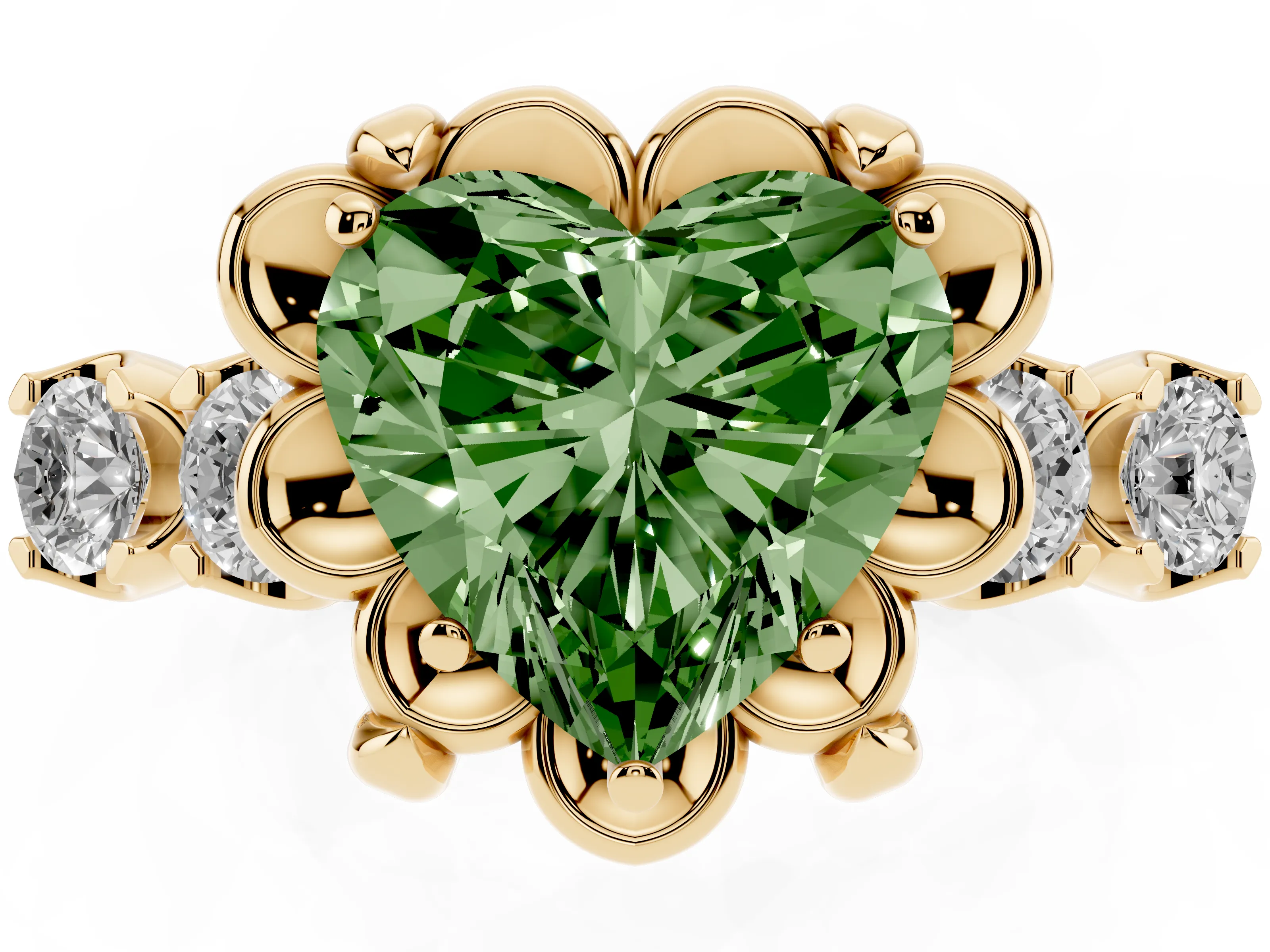 Fancy Green Heart Cut Diamond Floral Halo Ring Set in Yellow gold with Shared Prong Band