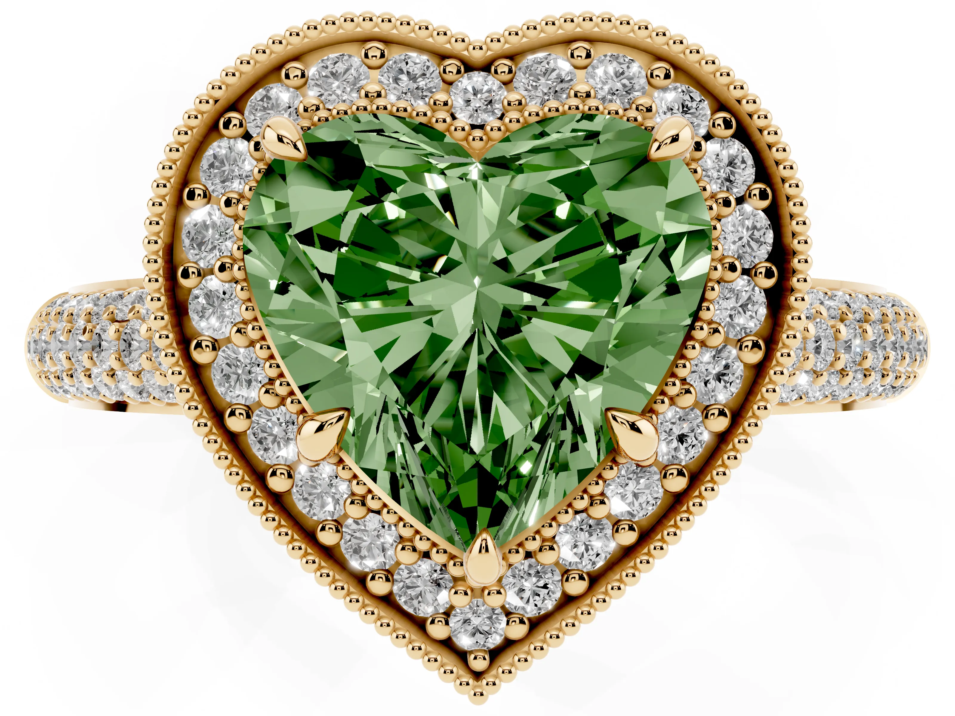 Fancy Green Heart Cut Diamond Halo Pavé Band Set in Yellow gold with Prong Setting