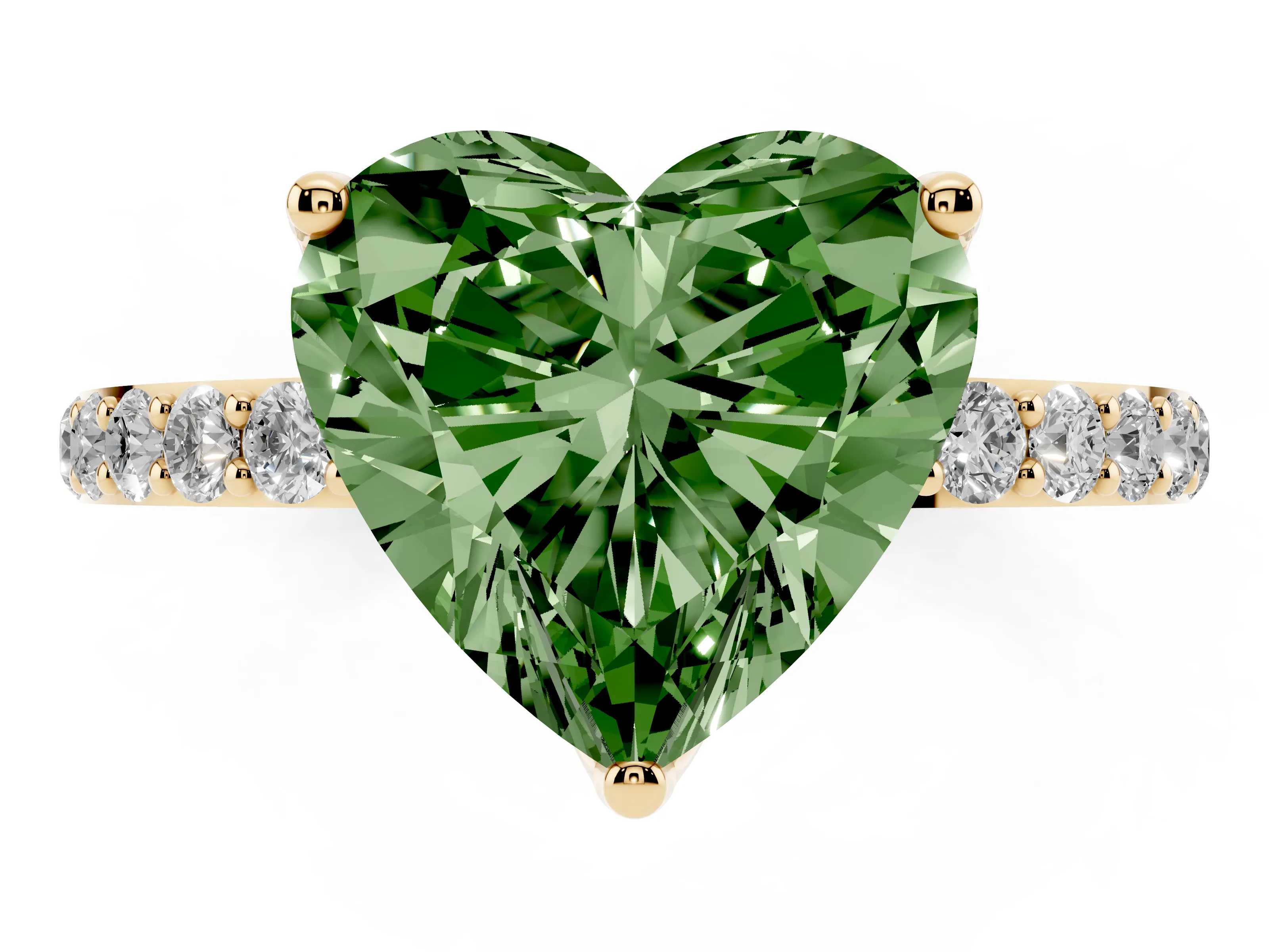 Fancy Green Heart Cut Diamond Solitaire Engagement Ring Set in Yellow gold with Round Pavé Band and Prong Setting