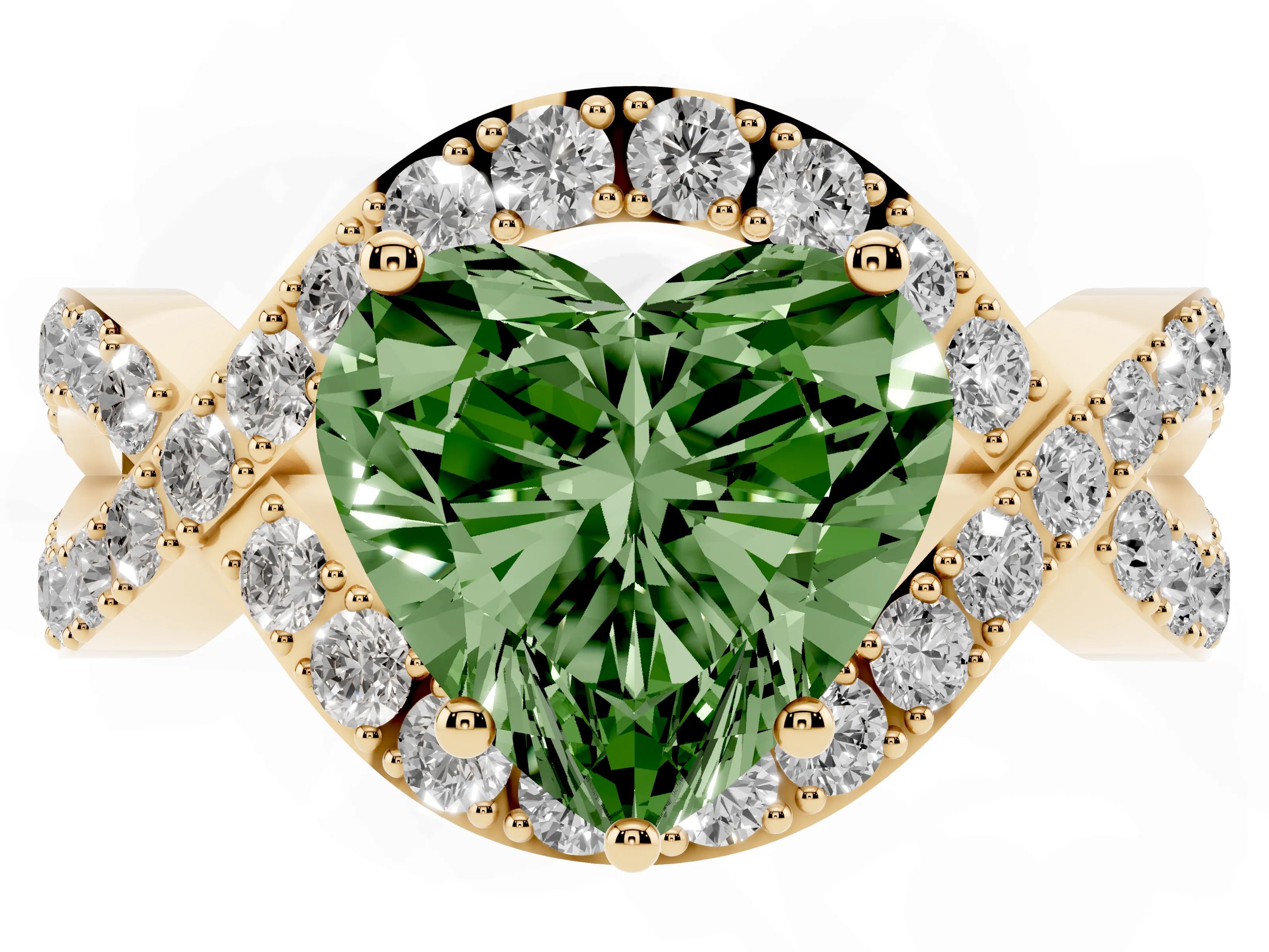 Fancy Green Heart Cut Diamond Solitaire Twist Band Pavé Engagement Ring Set in Yellow gold