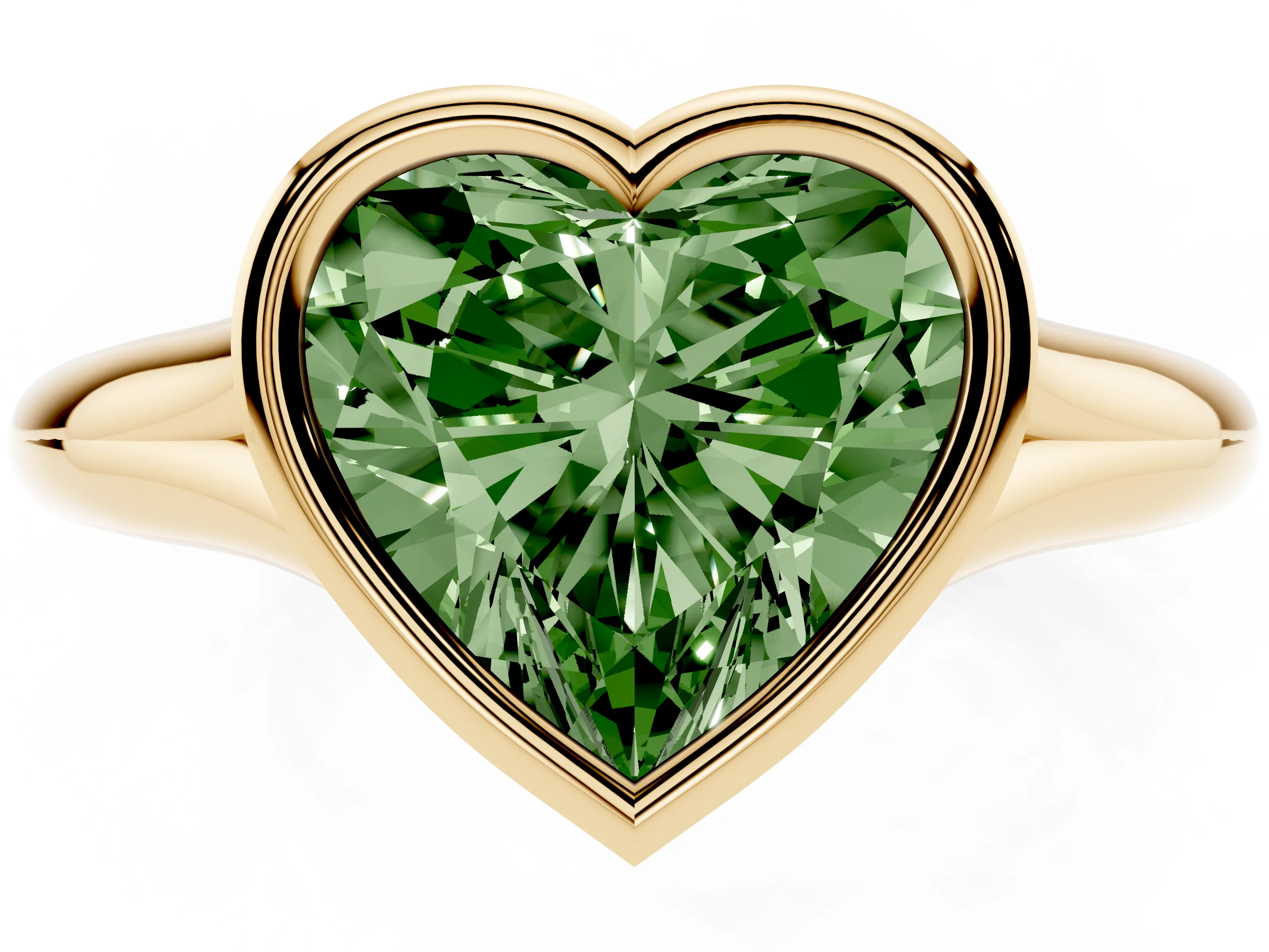 Fancy Green Bezel Set Heart Cut Diamond Solitaire Ring Set in Yellow gold with Smooth Band