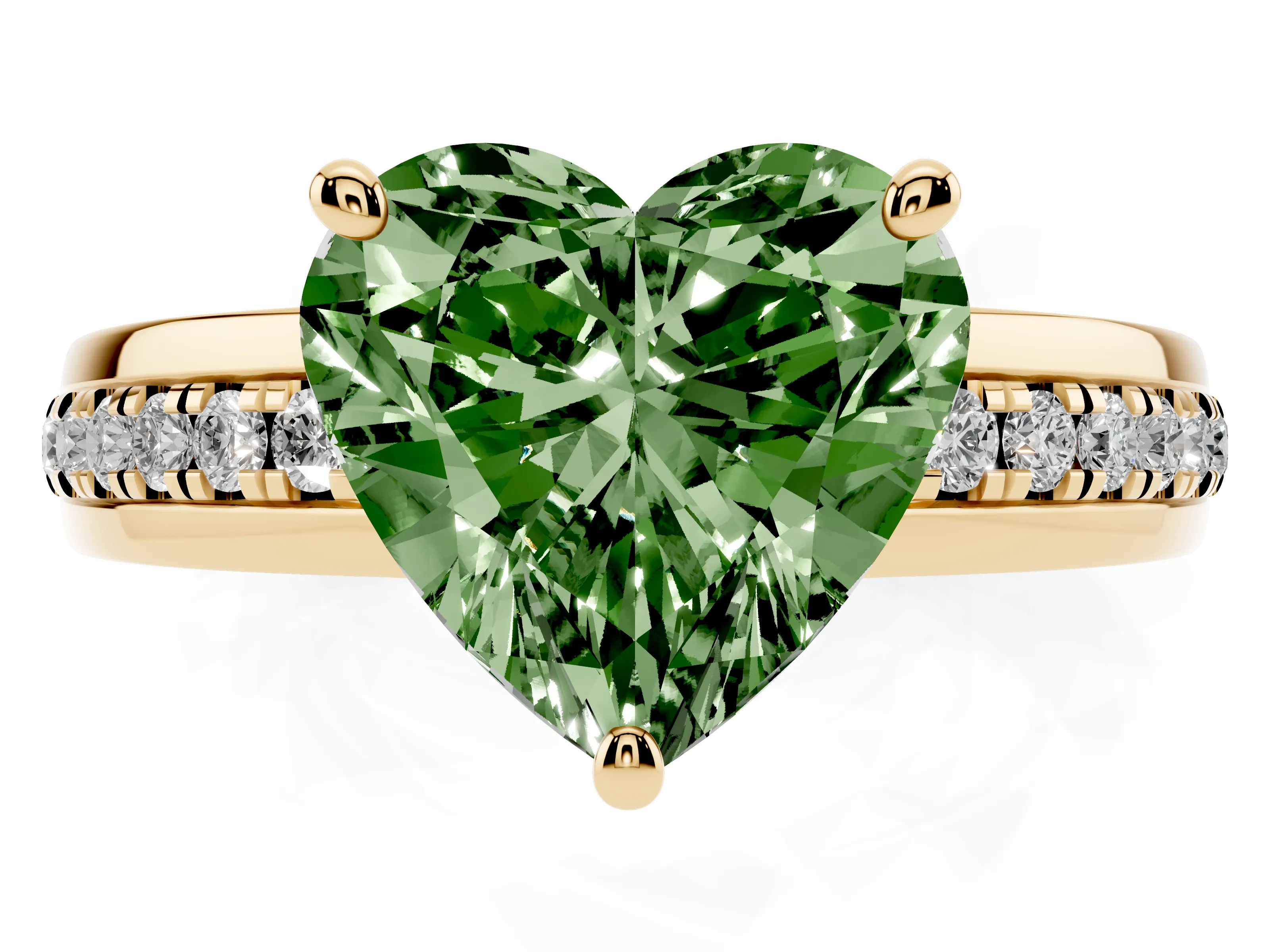 Fancy Green Heart Cut Diamond Solitaire Ring Set in Yellow gold with Channel Set Band and Prong Setting