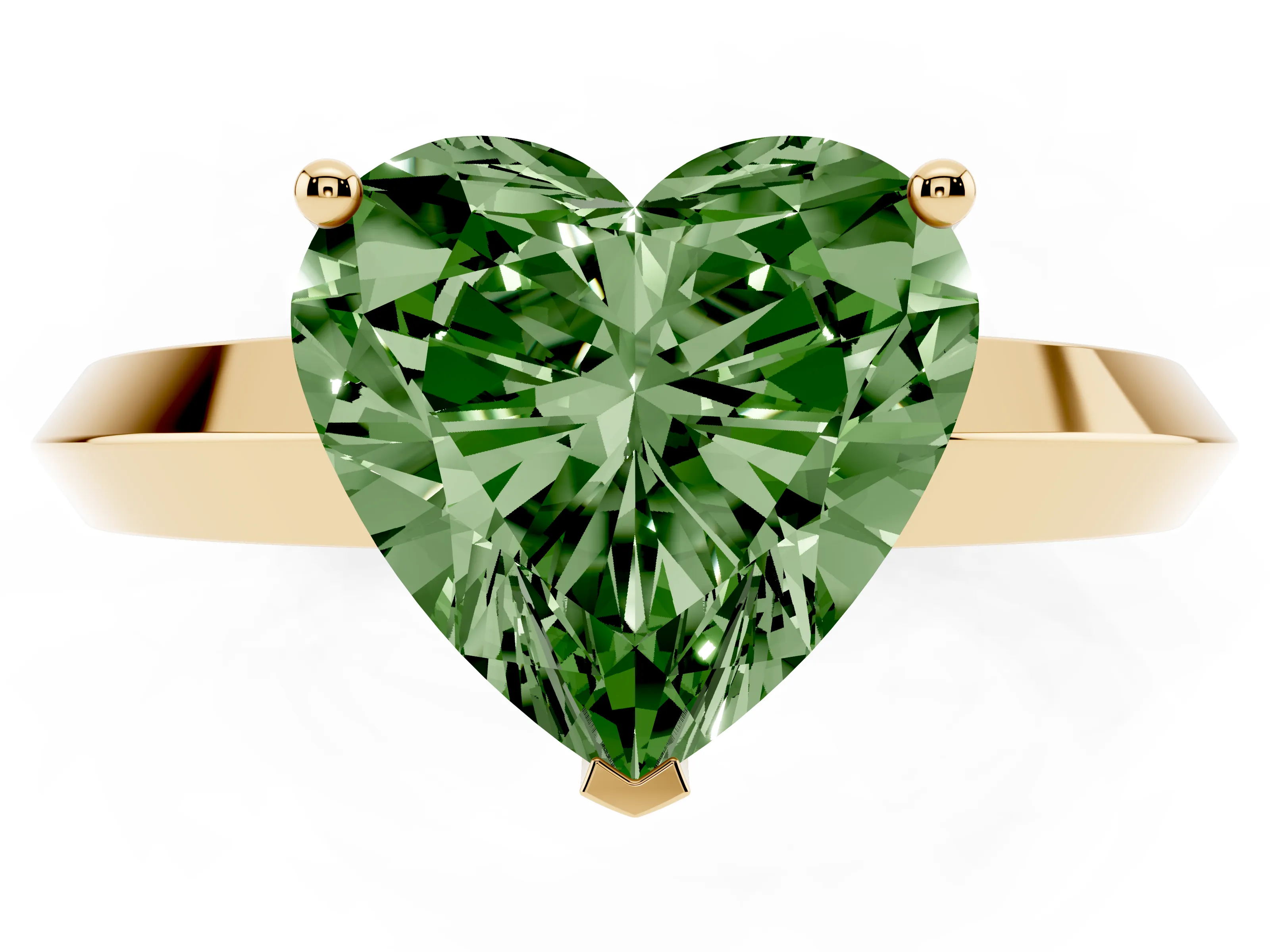 Fancy Green Heart Cut Diamond Solitaire Engagement Ring Set in Yellow gold with Flat Band and Prong Setting