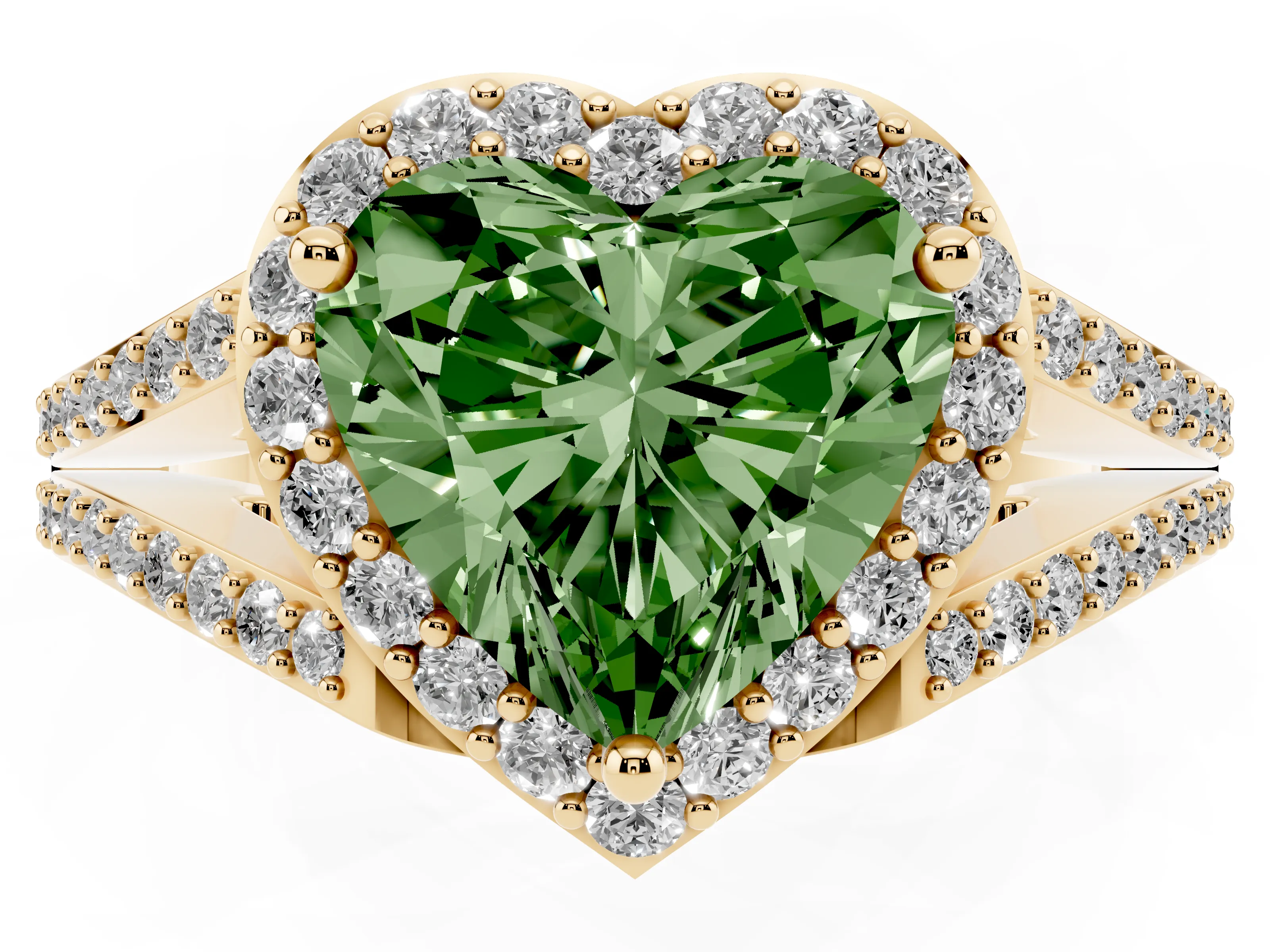 Fancy Green Heart Cut Diamond Halo Split Shank Pavé Ring Set in Yellow gold with Prong Setting