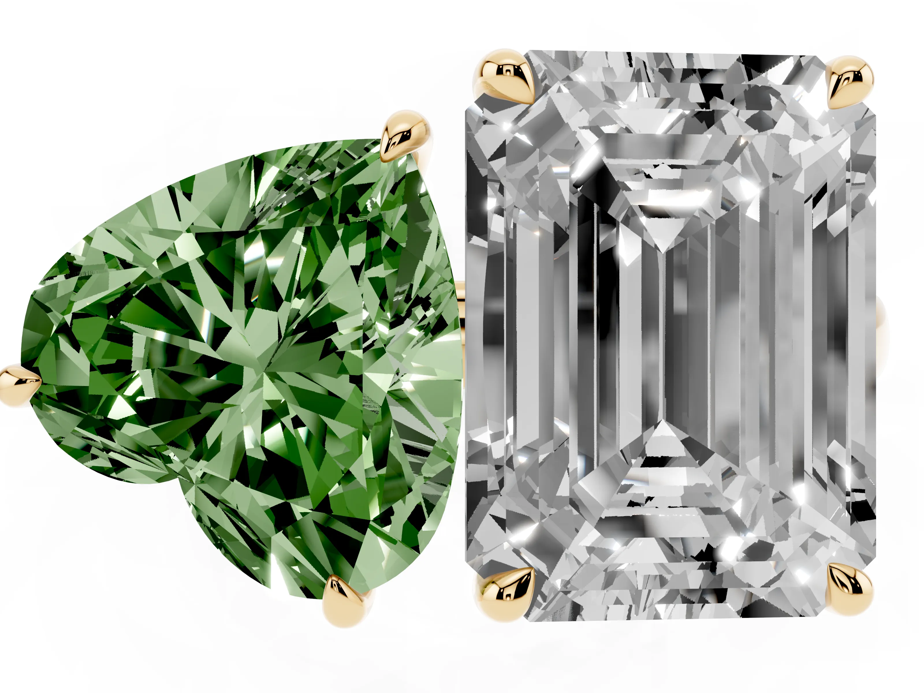 Fancy Green Heart Cut and Emerald Cut Toi Moi Ring Set in Yellow gold with Prong Setting