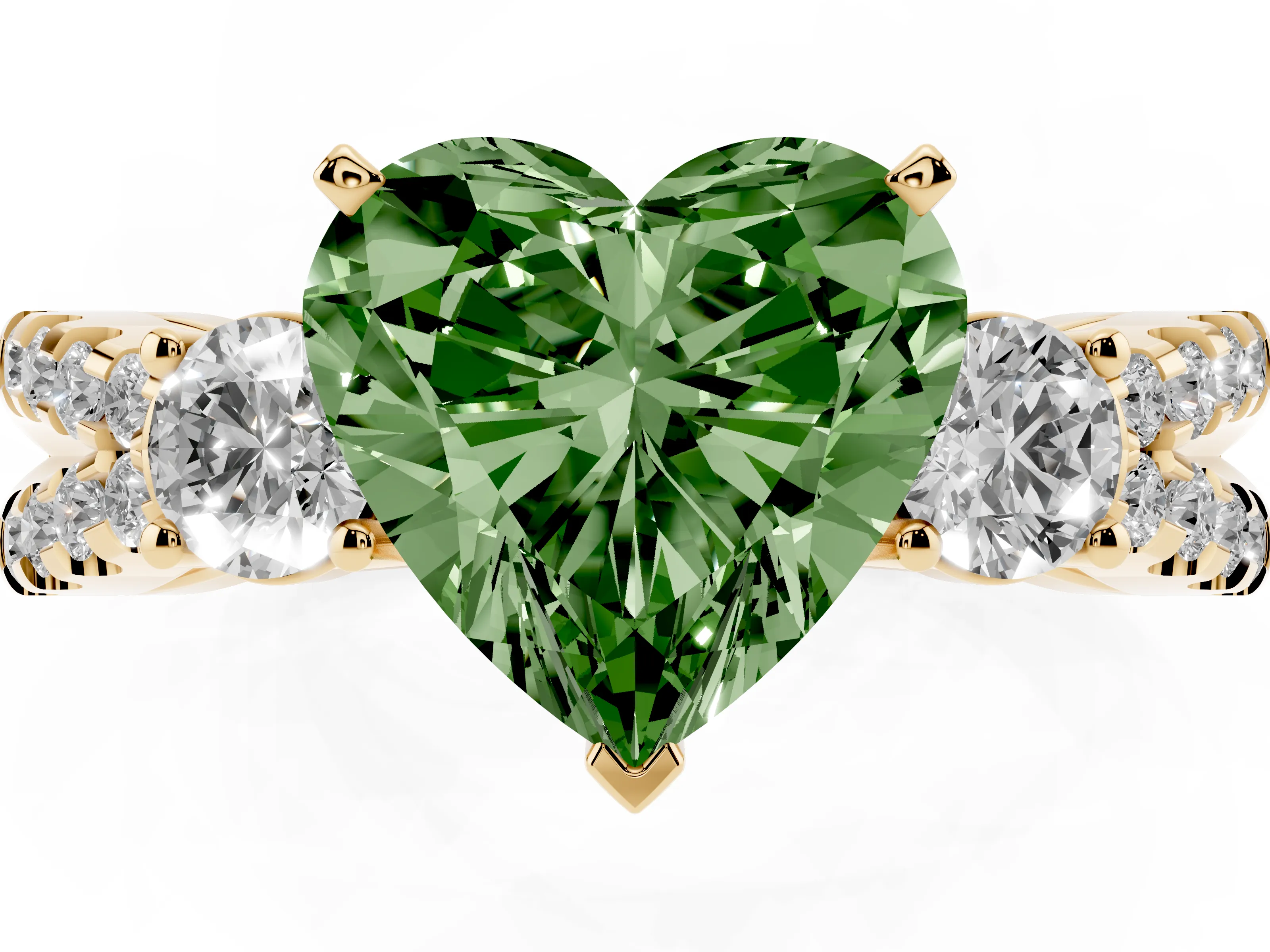 Fancy Green Heart Cut Diamond Three-Stone Ring Set in Yellow gold with Pavé Split Shank and Prong Setting