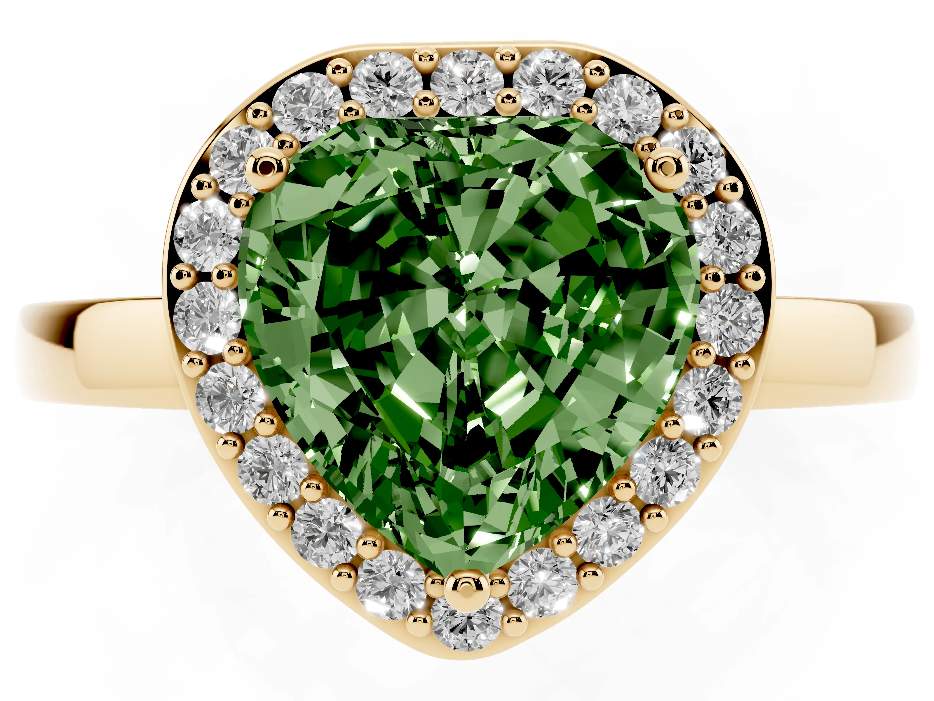 Fancy Green Heart Cut Diamond Halo Ring Set in Yellow gold with Solitaire Band and Prong Setting