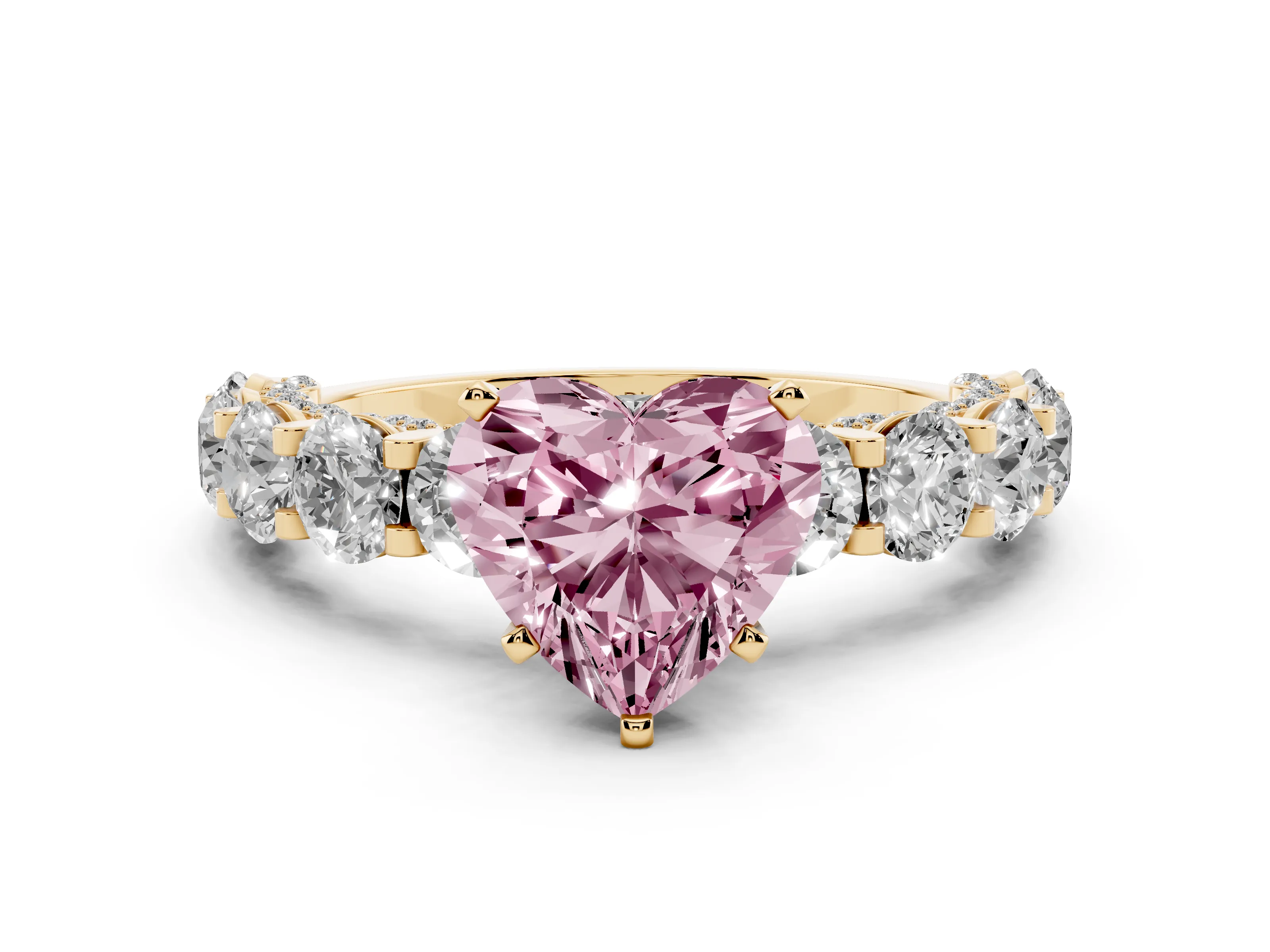 Fancy Pink Heart Cut Diamond Side Stone Ring Set in Yellow gold with Alternating Round and Oval Side Stones