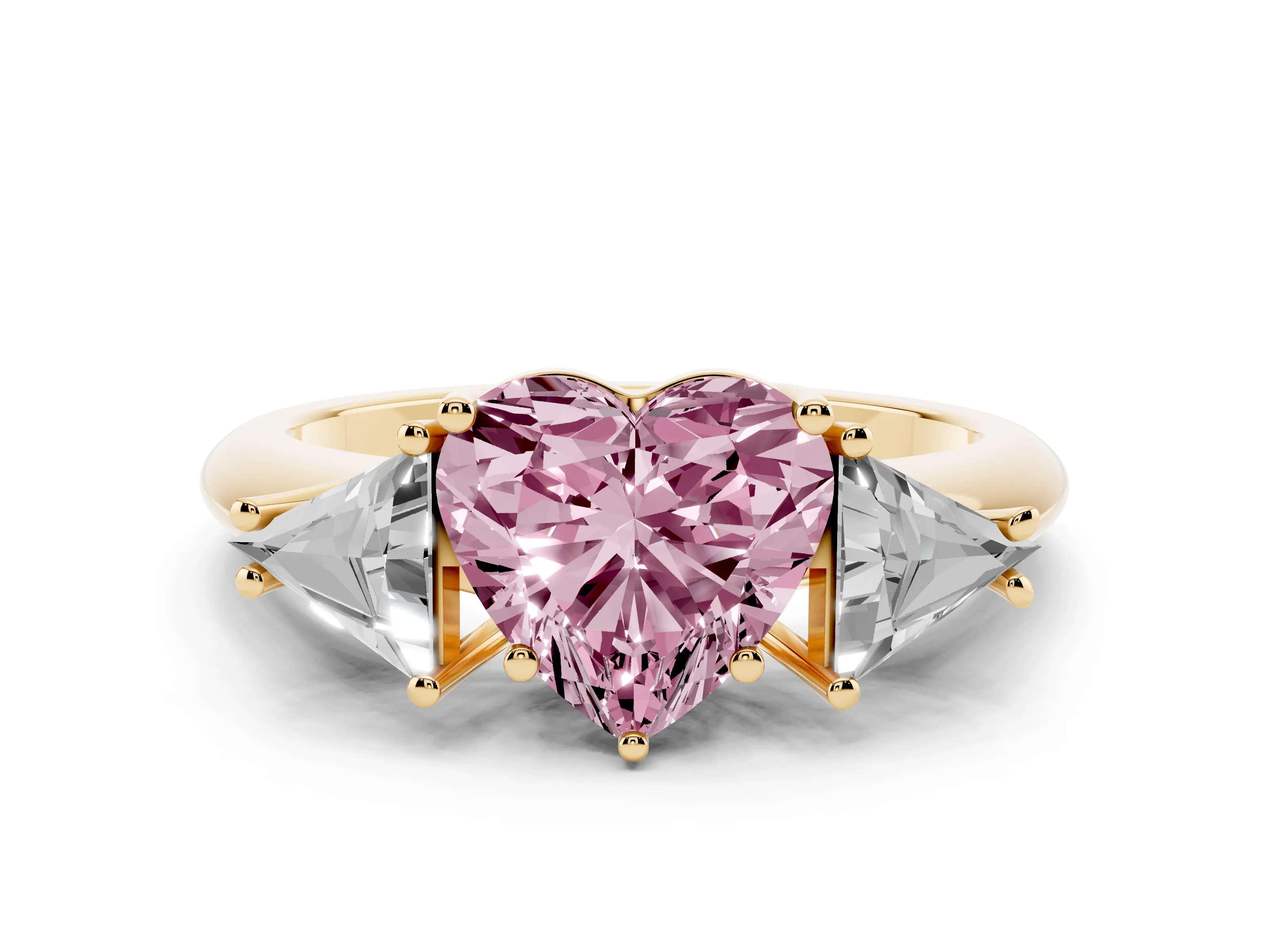 Fancy Pink Heart Cut Diamond Three-Stone Engagement Ring Set in Yellow gold with Trillion Side Stones