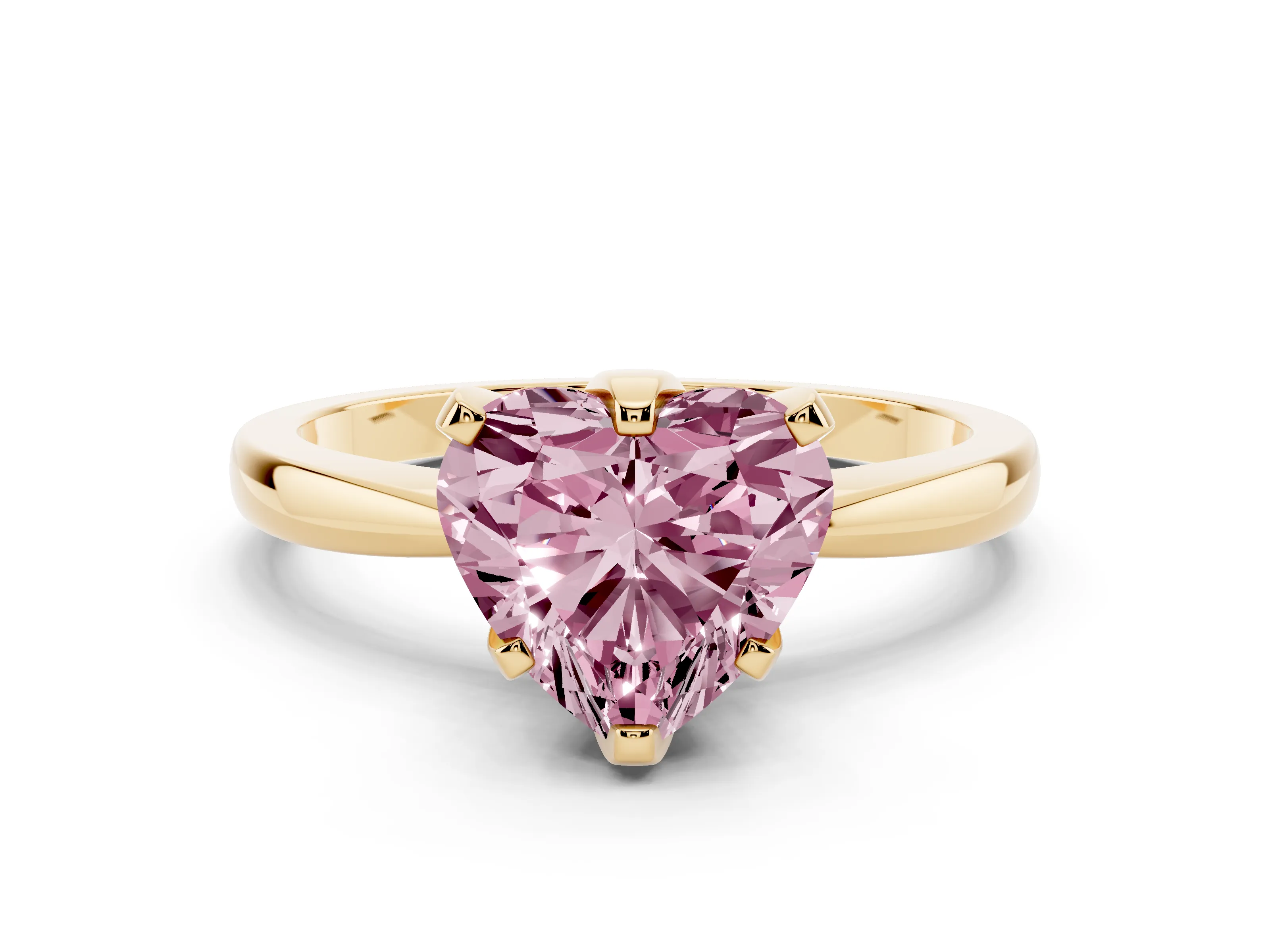 Fancy Pink Heart Cut Diamond Solitaire Engagement Ring Set in Yellow gold with Slim Tapered Solitaire Band