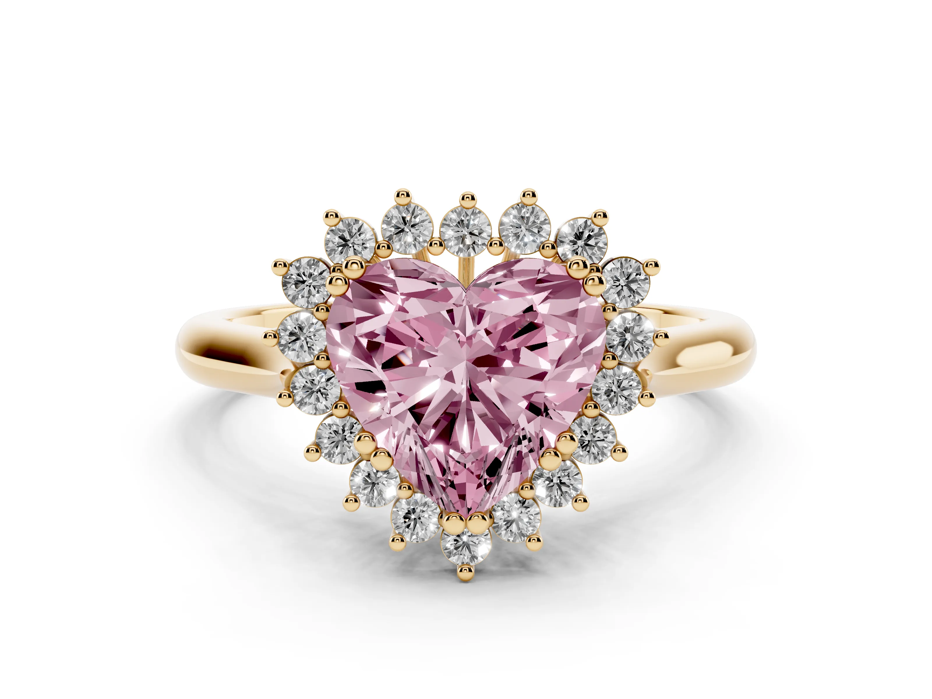 Fancy Pink Heart Cut Diamond Halo Ring Set in Yellow gold with Plain Solitaire Band and Prong Setting
