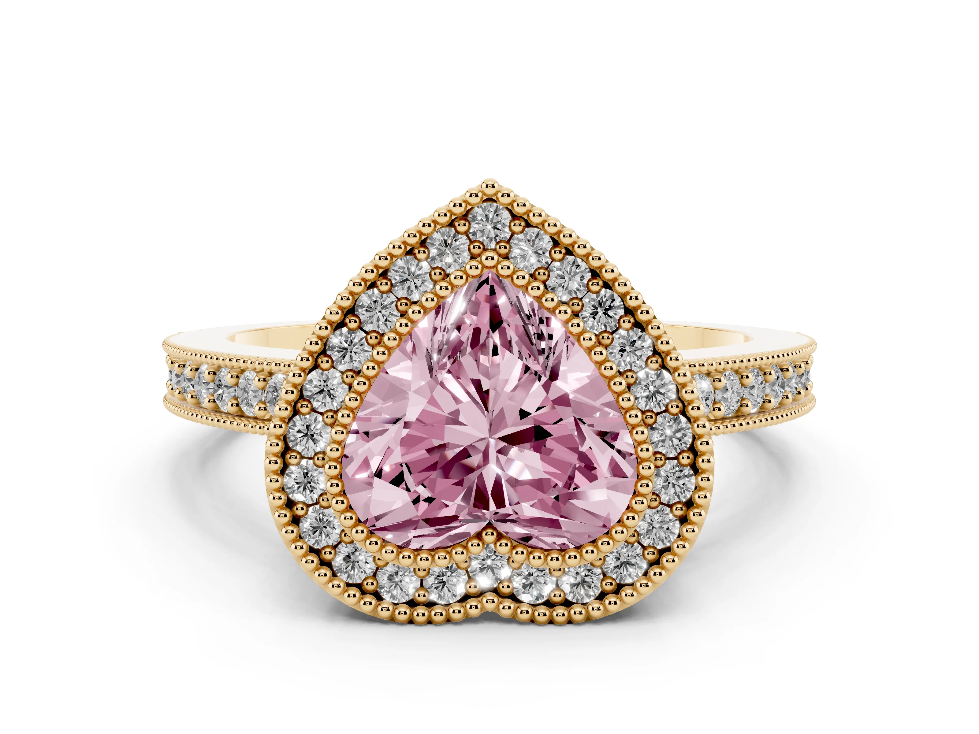Fancy Pink Heart Cut Diamond Halo Engagement Ring Set in Yellow gold with Pavé Band and Round Halo Stones