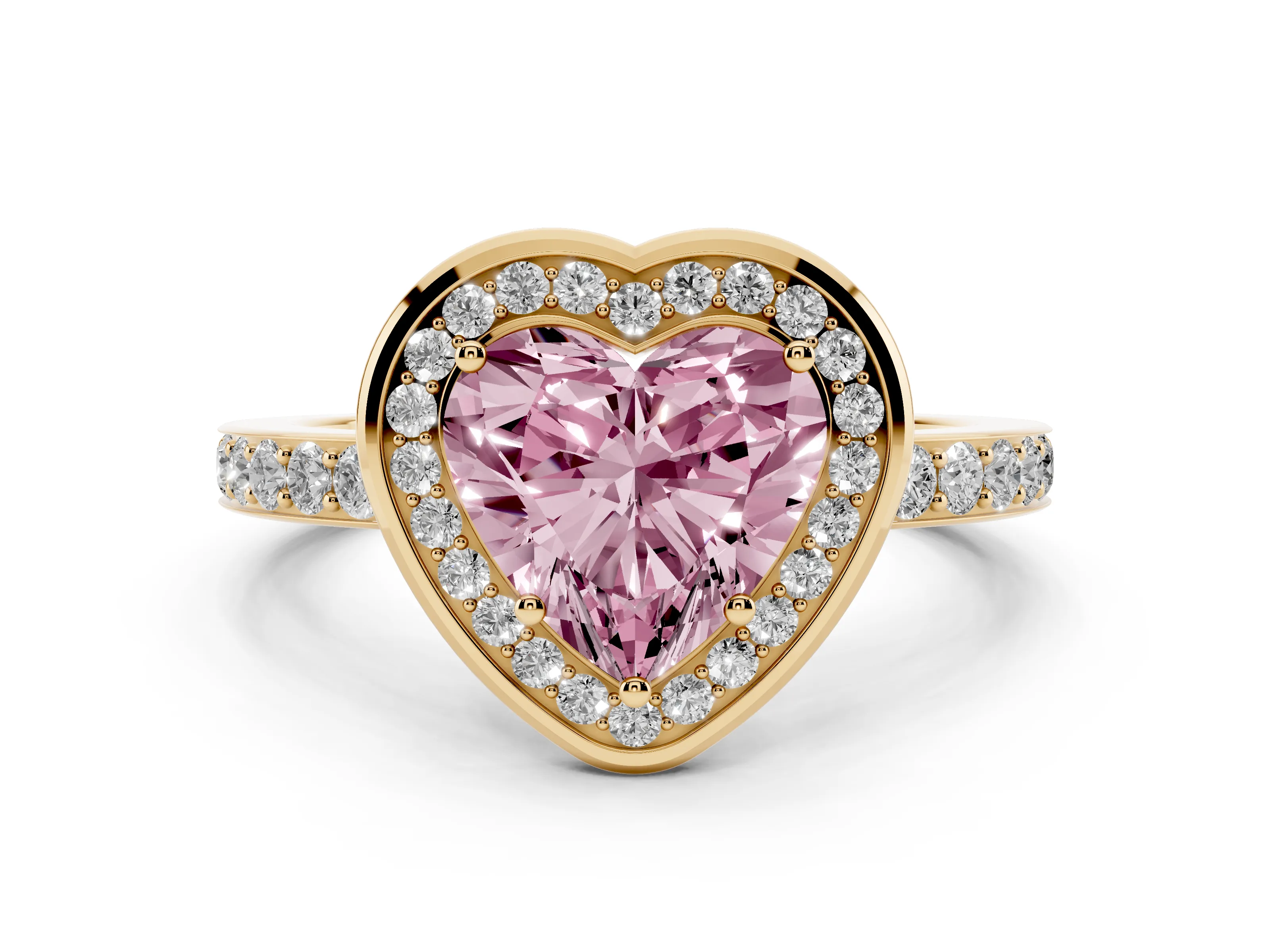 Fancy Pink Heart Cut Diamond Halo Ring Set in Yellow gold with Bezel Frame and Pavé Band