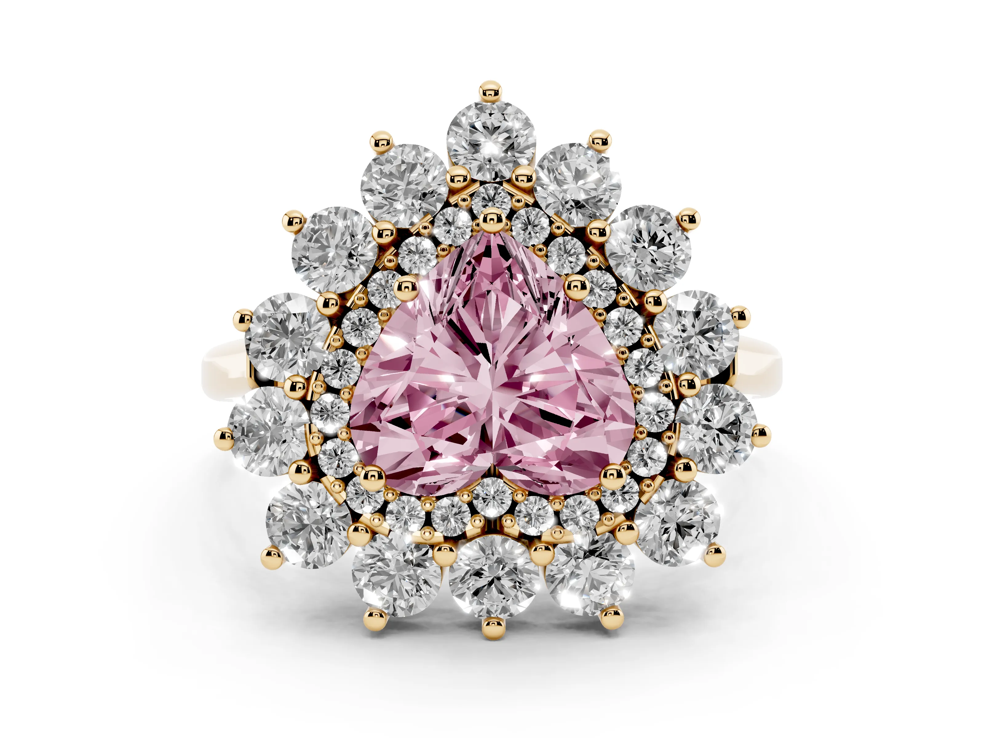 Fancy Pink Heart Cut Diamond Floral Double Halo Ring Set in Yellow gold with Round Petals