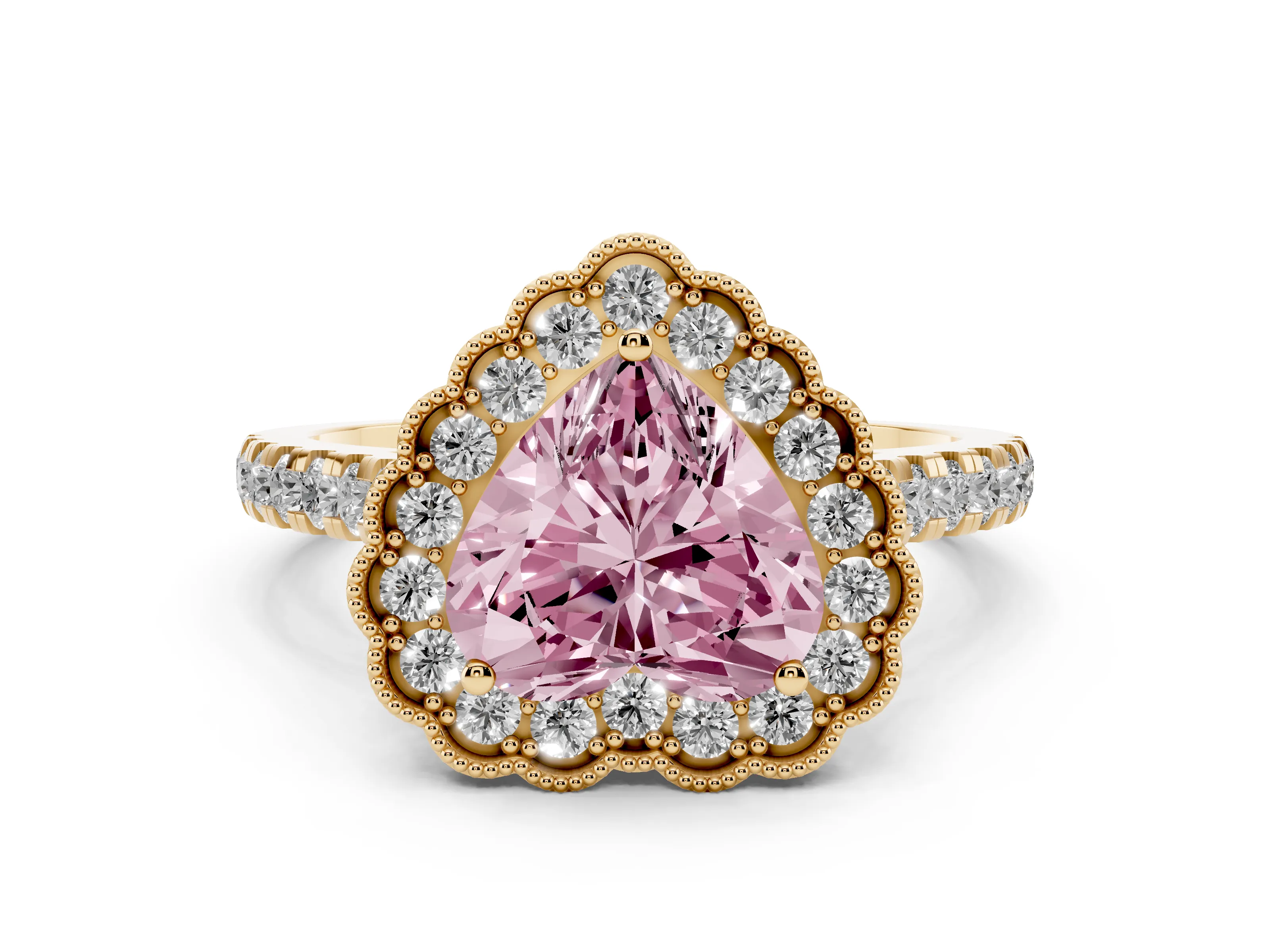 Fancy Pink Heart Cut Diamond Milgrain Floral Halo Engagement Ring Set in Yellow gold with Pavé Band