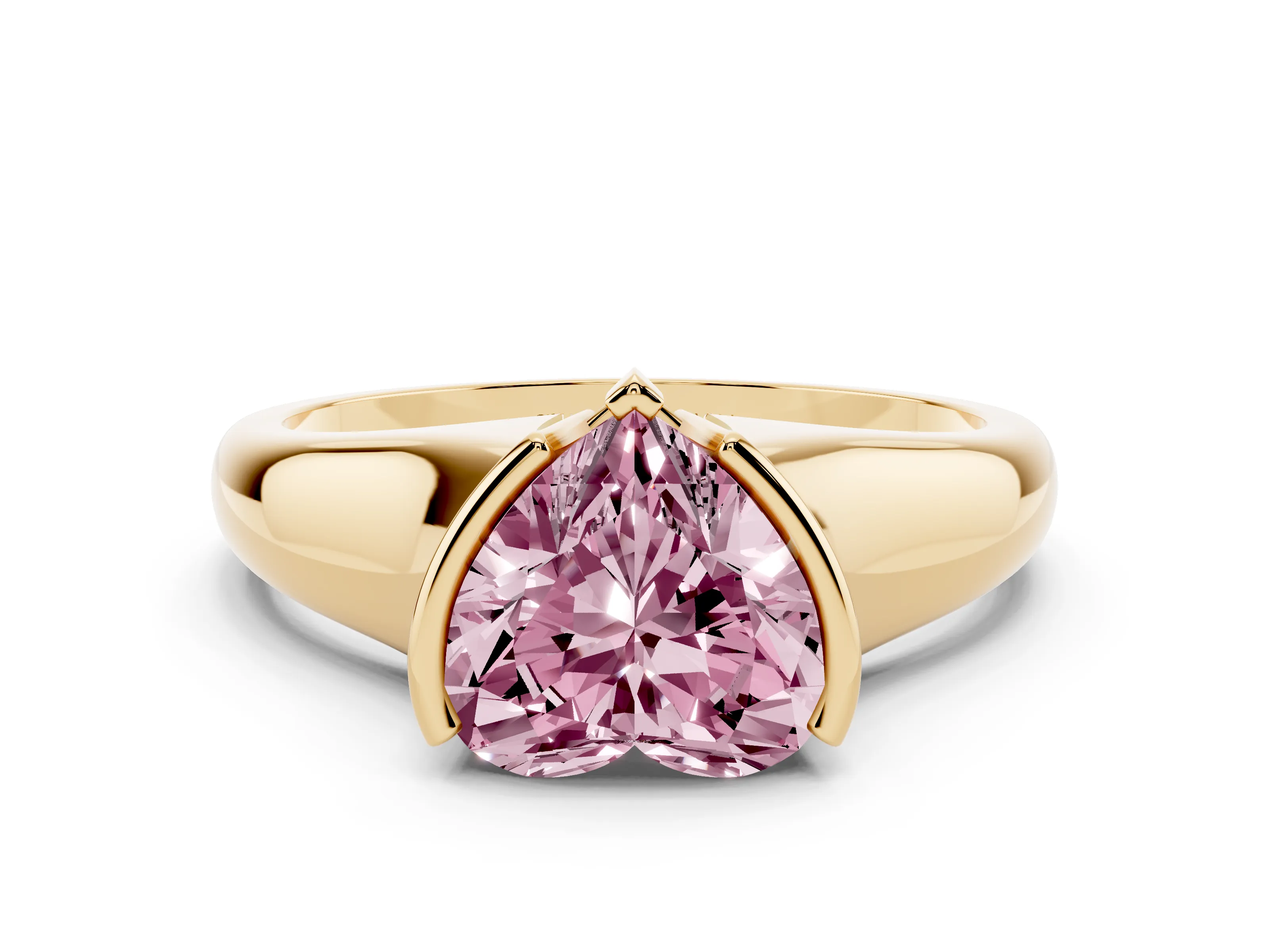 Fancy Pink Heart Cut Diamond Solitaire Tension Set Ring Set in Yellow gold with Split Shank Band