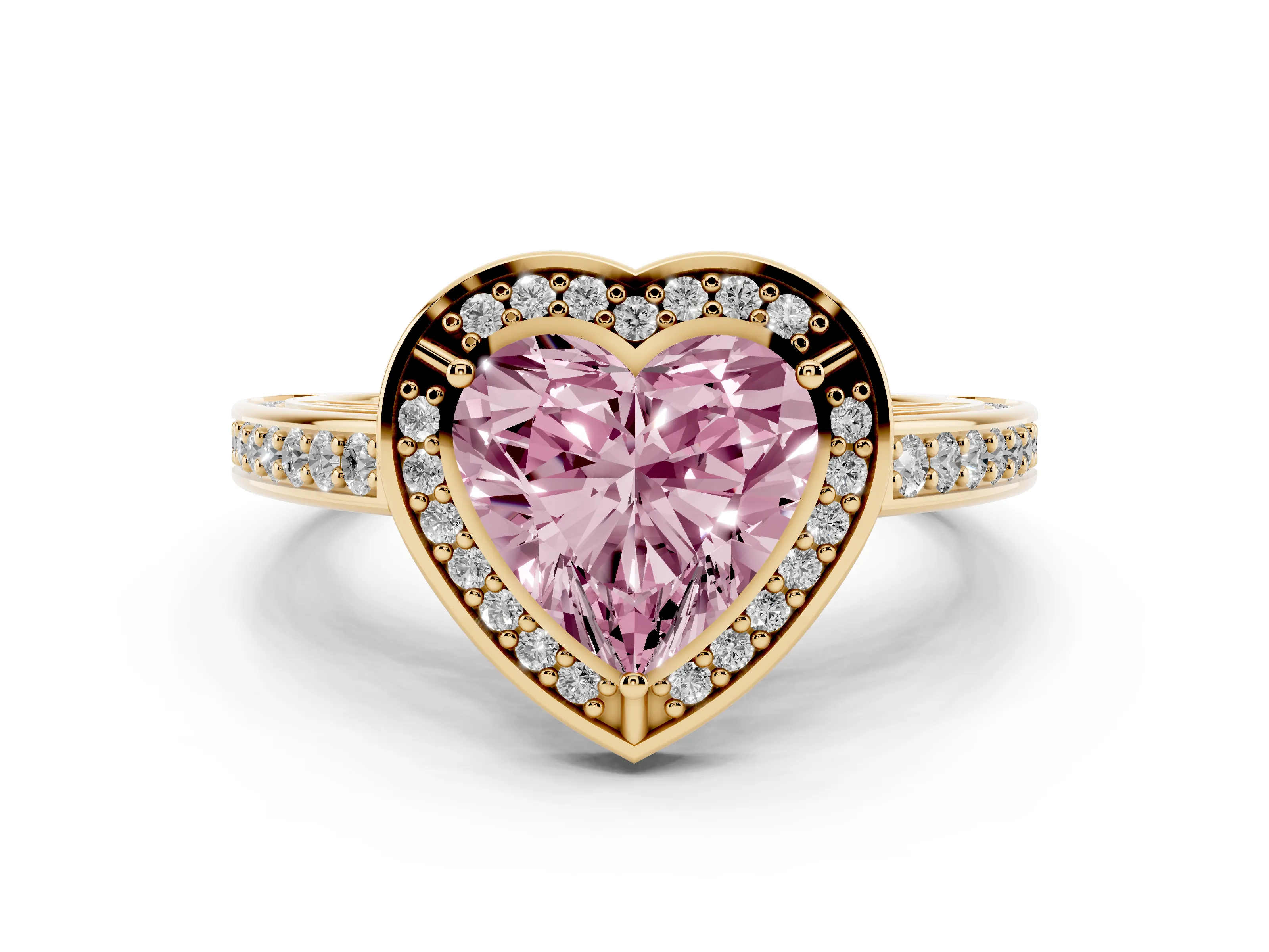 Fancy Pink Heart Cut Diamond Halo Pavé Split Shank Ring Set in Yellow gold with Prong Setting