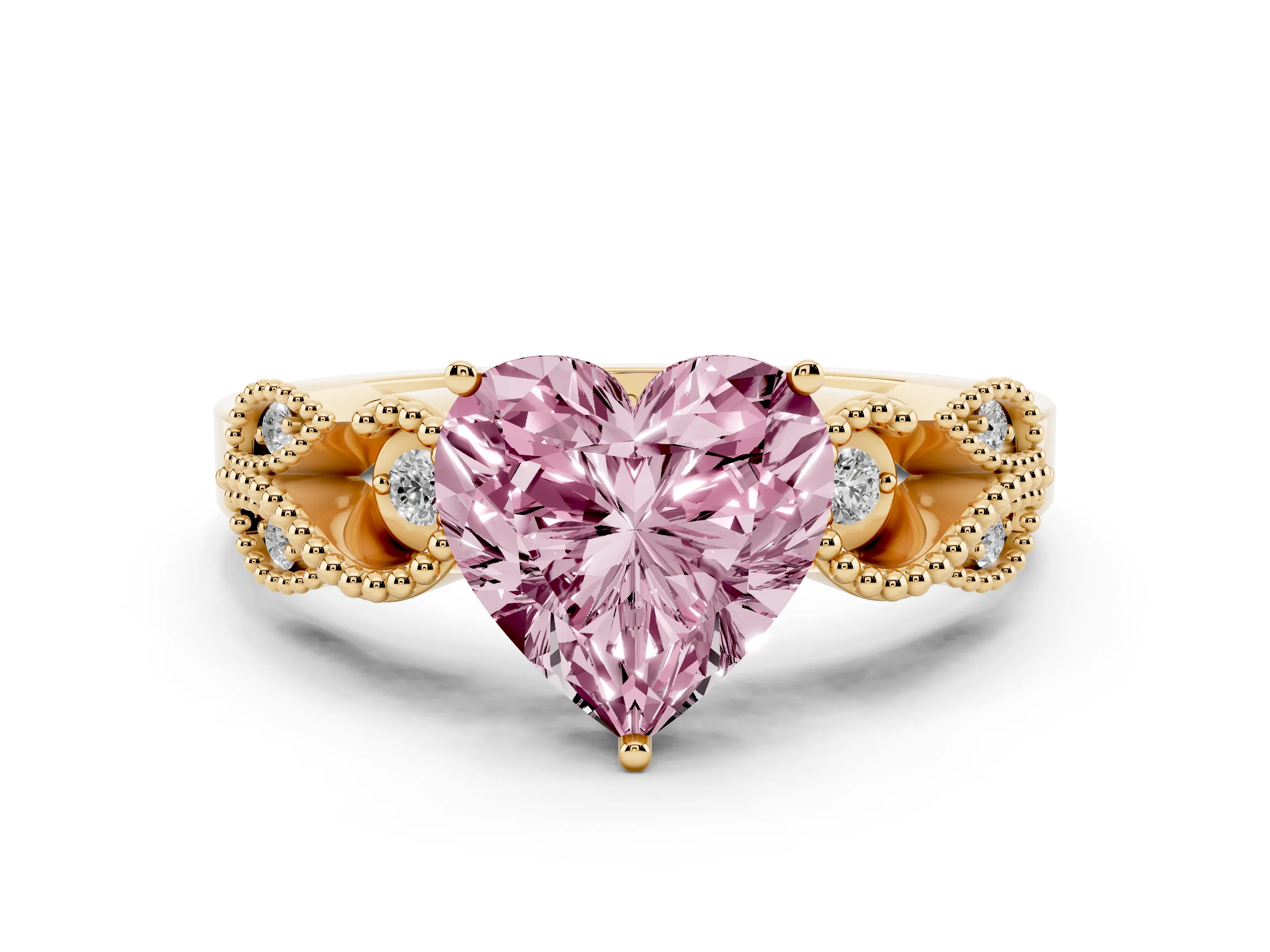 Fancy Pink Heart Cut Diamond Milgrain Leaf Band Solitaire Ring Set in Yellow gold with Accent Stones and Prong Setting