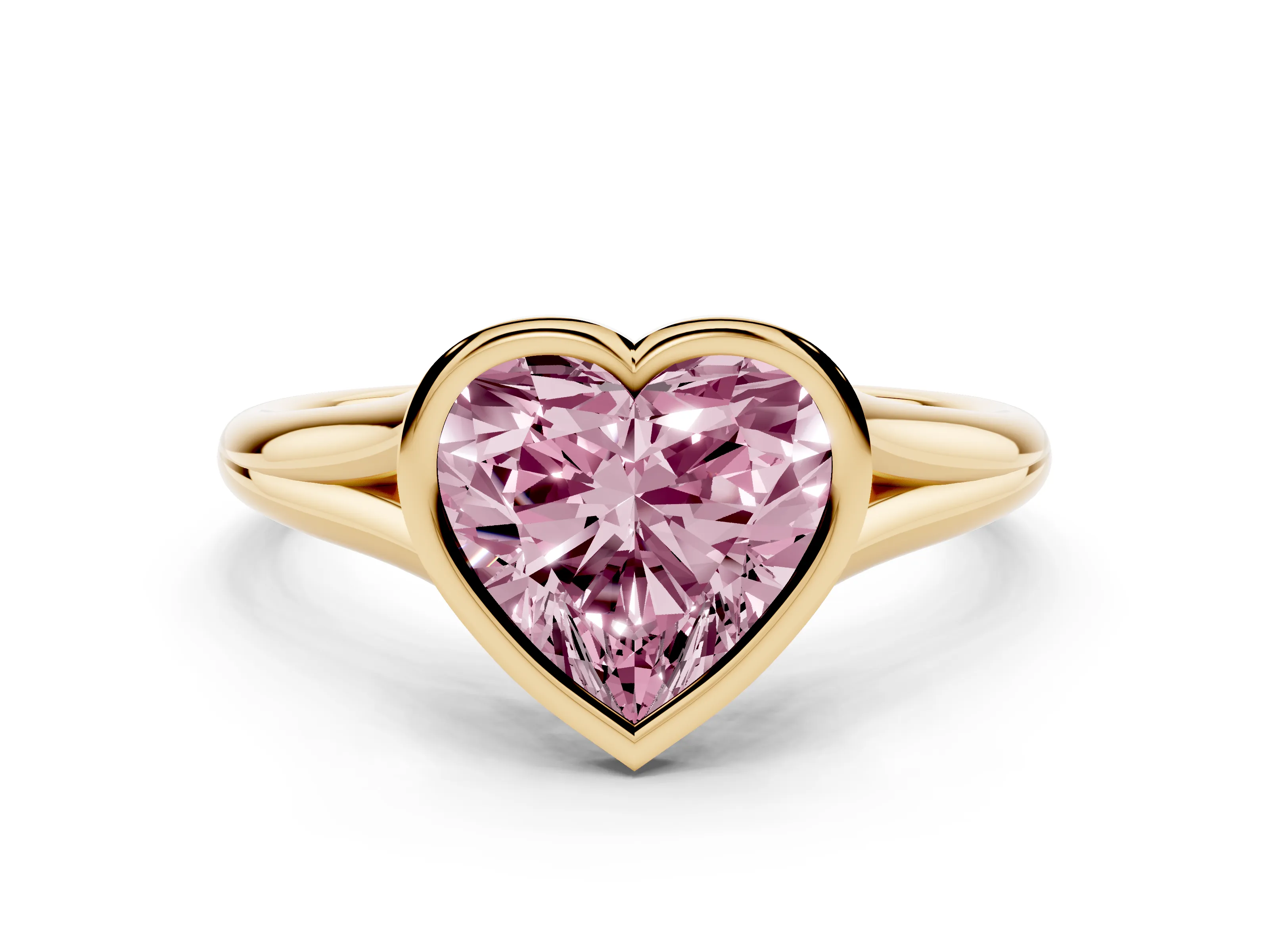 Fancy Pink Bezel Set Heart Cut Diamond Solitaire Ring Set in Yellow gold with Tapered Band