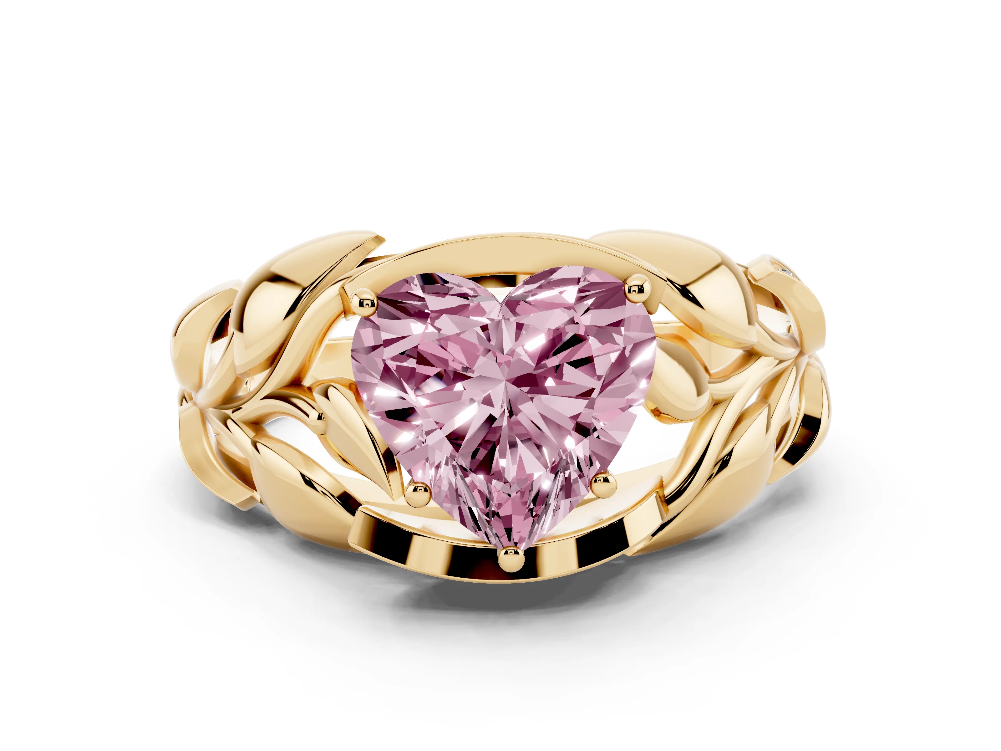 Fancy Pink Heart Cut Diamond Leaf-Inspired Engagement Ring Set in Yellow gold with Round Accents