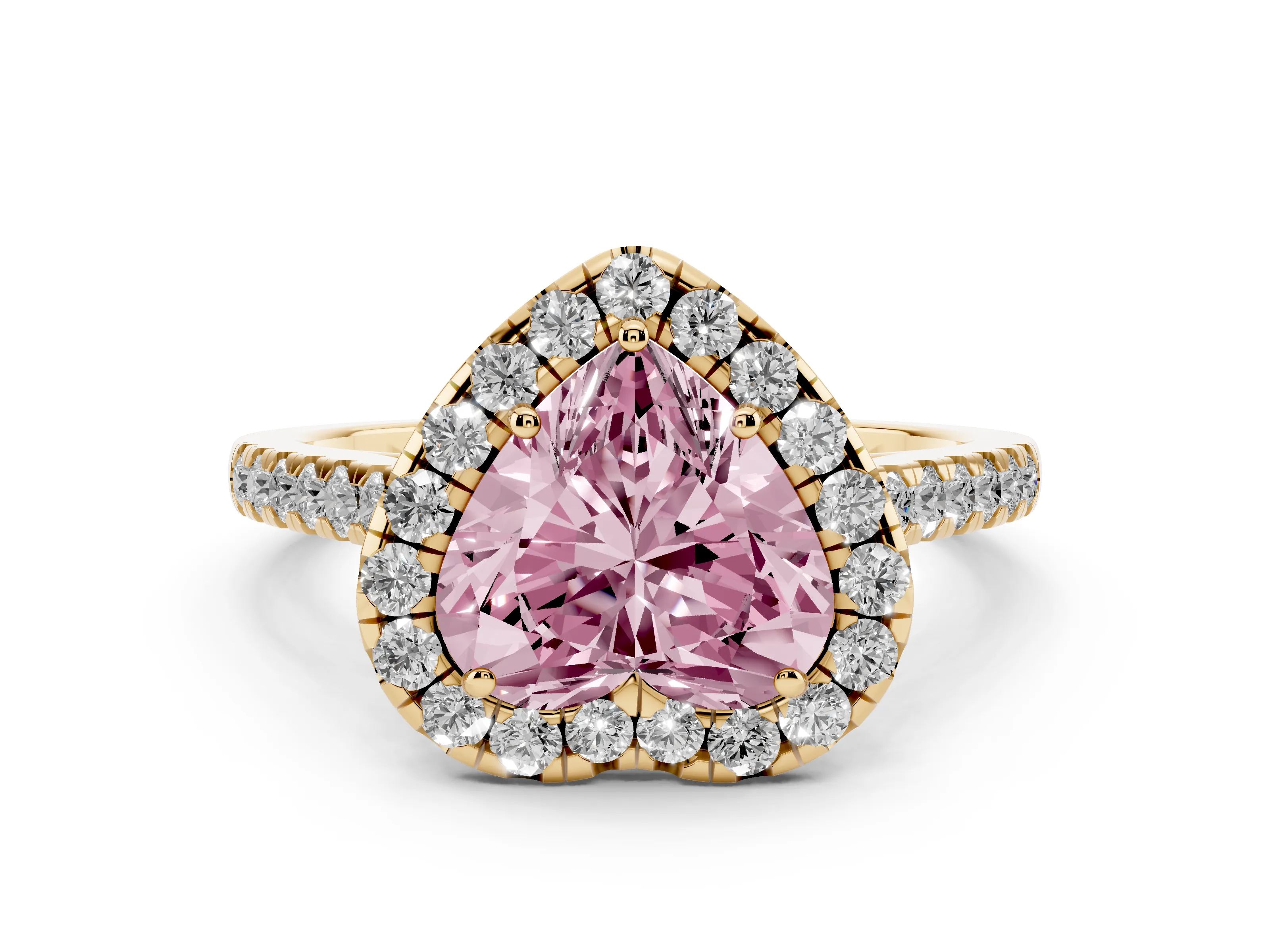Fancy Pink Heart Cut Diamond Halo Pavé Engagement Ring Set in Yellow gold with Prong Setting