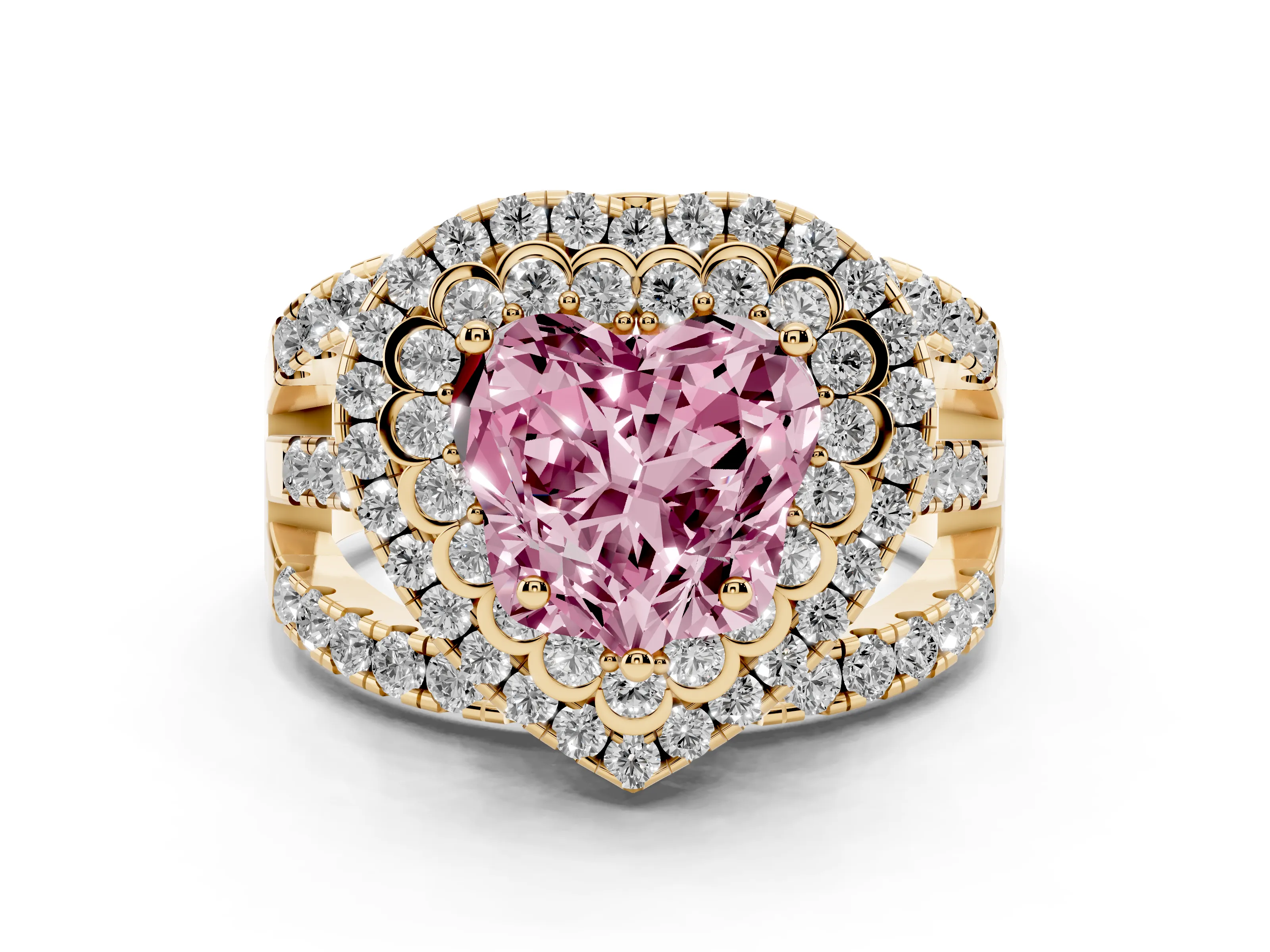 Fancy Pink Heart Cut Diamond Double Halo Ring Set in Yellow gold with Round Pavé Split Shank