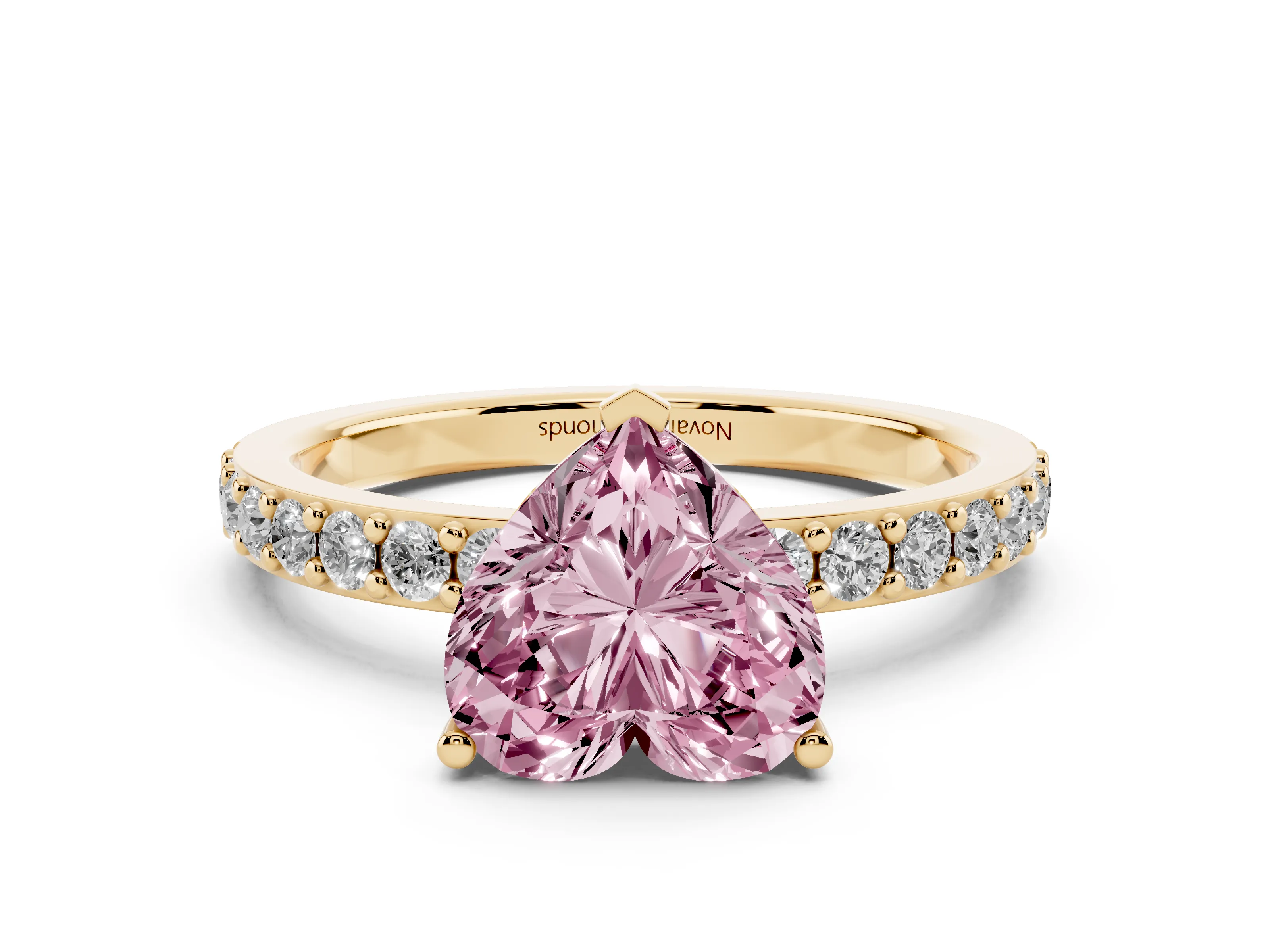 Fancy Pink Heart Cut Diamond Solitaire Set in Yellow gold with Round Pavé Band and Prong Setting