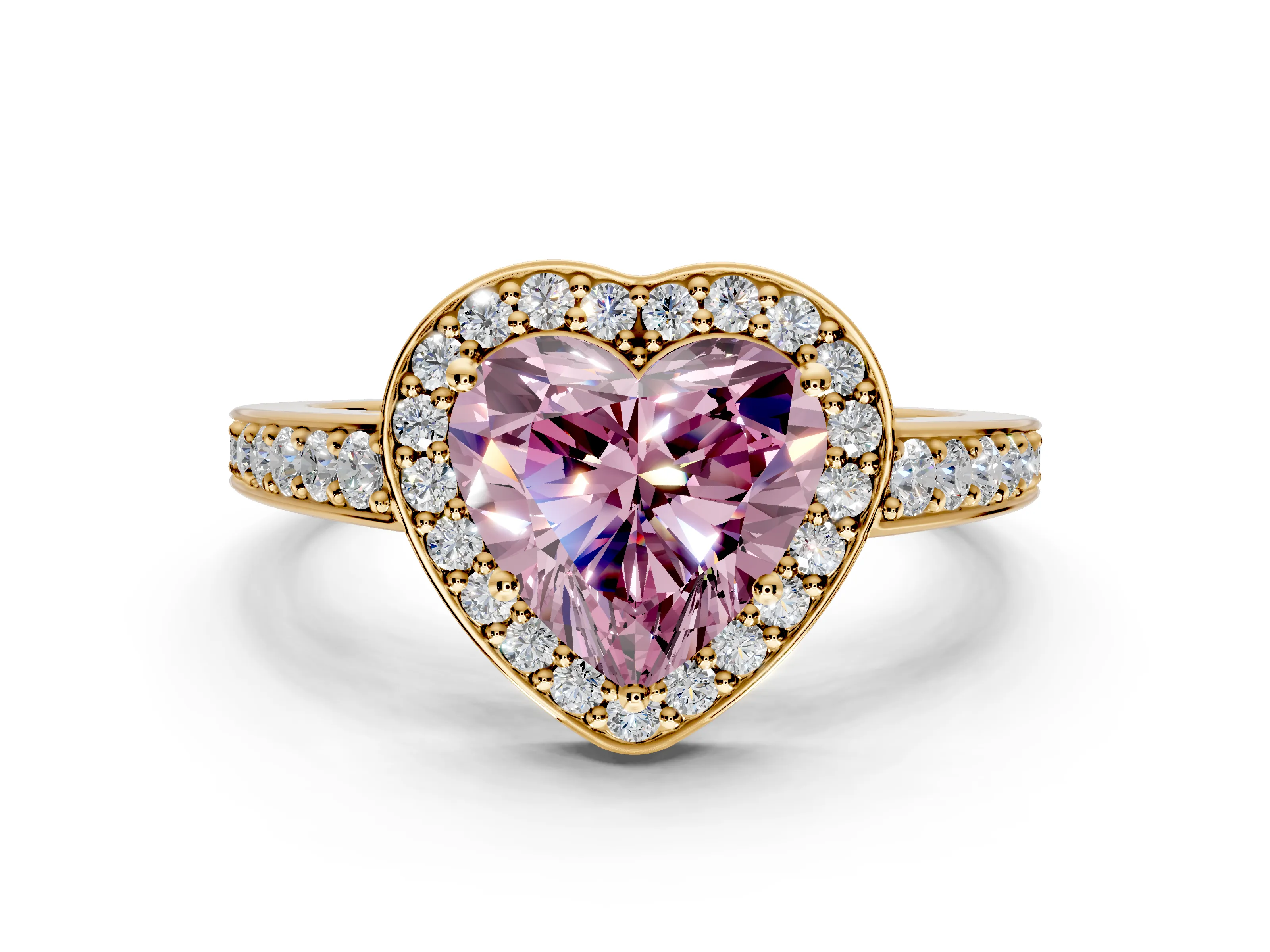 Bezel-Framed Halo Engagement Ring Setting for Fancy Pink Heart-Shaped Center with Pave Band and Prong Head in Yellow Gold