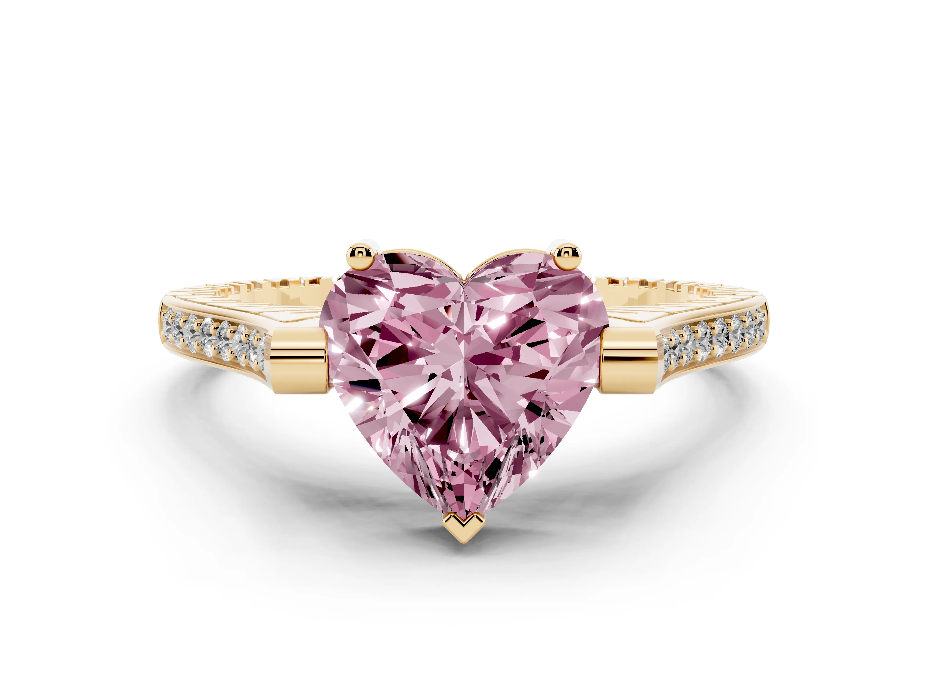 Fancy Pink Heart Cut Diamond Solitaire Ring Set in Yellow gold with Channel Set Band and Bezel Prong Setting