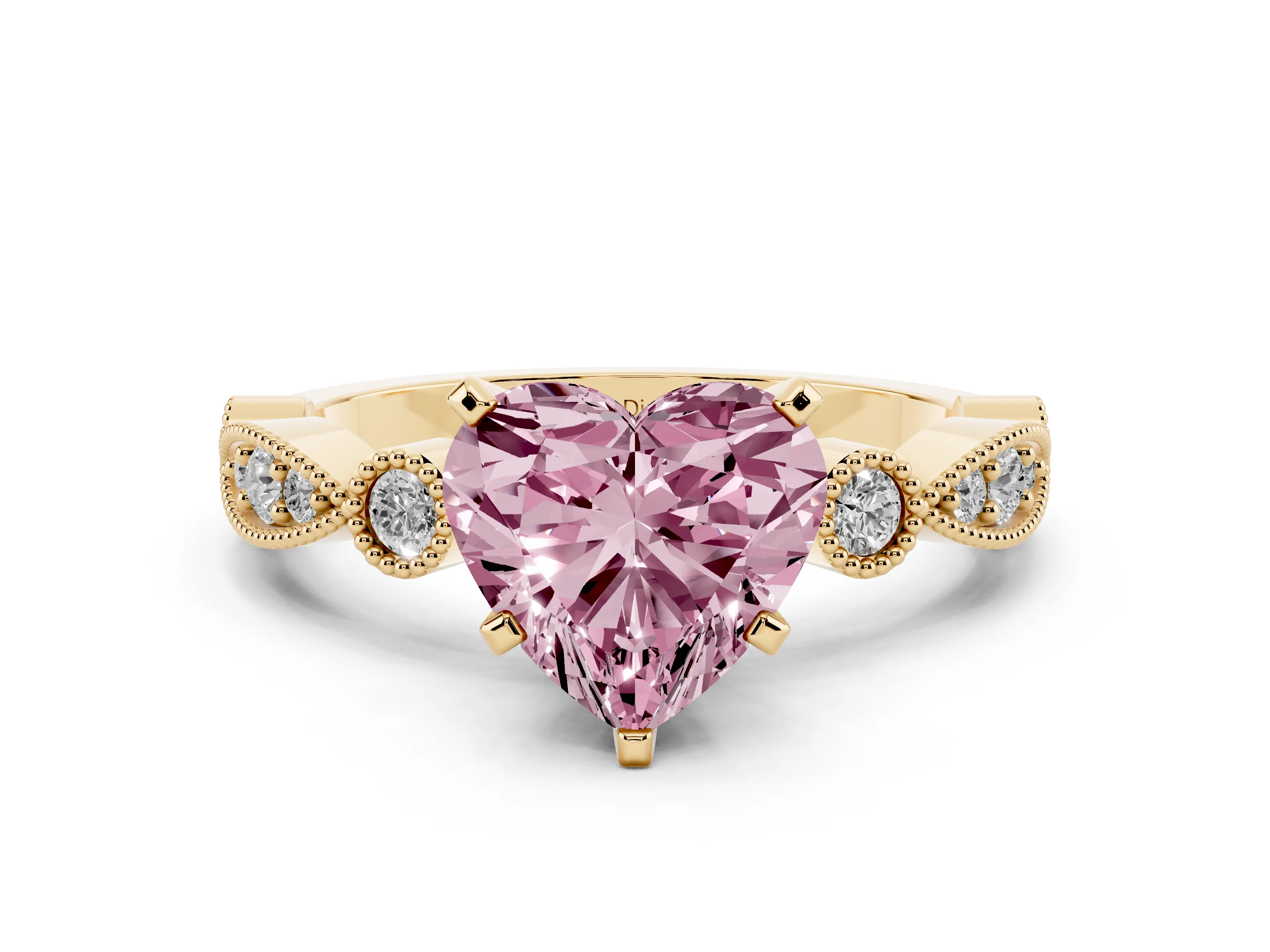 Fancy Pink Heart Cut Diamond Solitaire Engagement Ring Set in Yellow gold with Milgrain Bezel Accent Band
