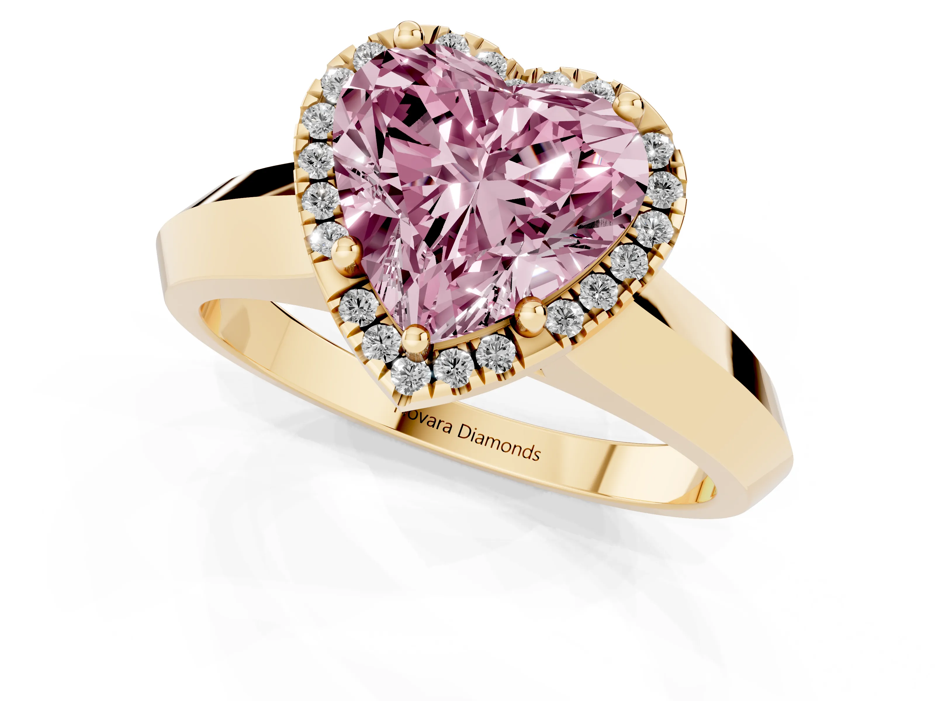 Fancy Pink Heart Cut Diamond Halo Ring Set in Yellow gold with Cathedral Band and Prong Setting