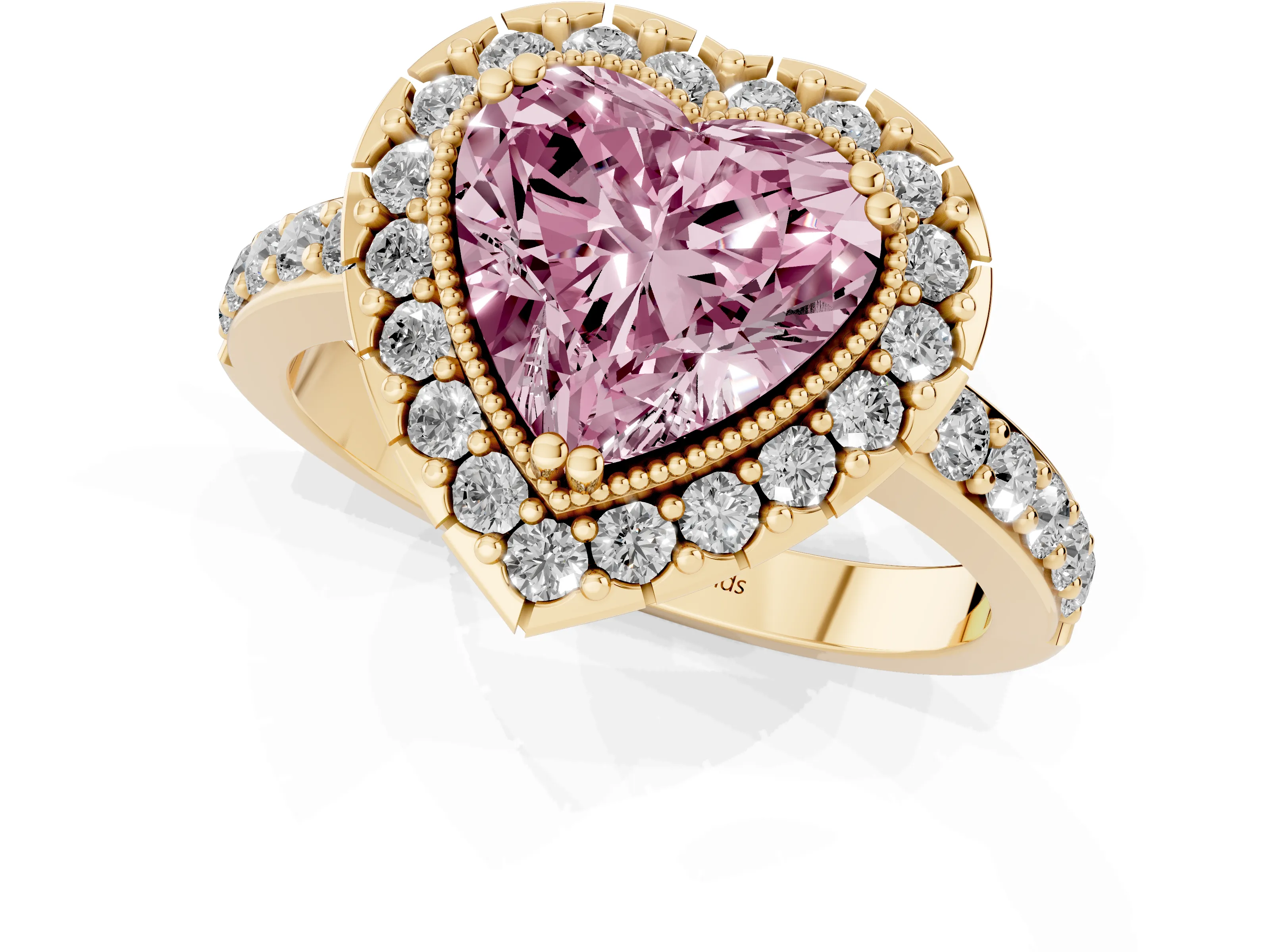 Fancy Pink Heart Cut Diamond Halo Ring Set in Yellow gold with Pavé Shank and Prong Setting