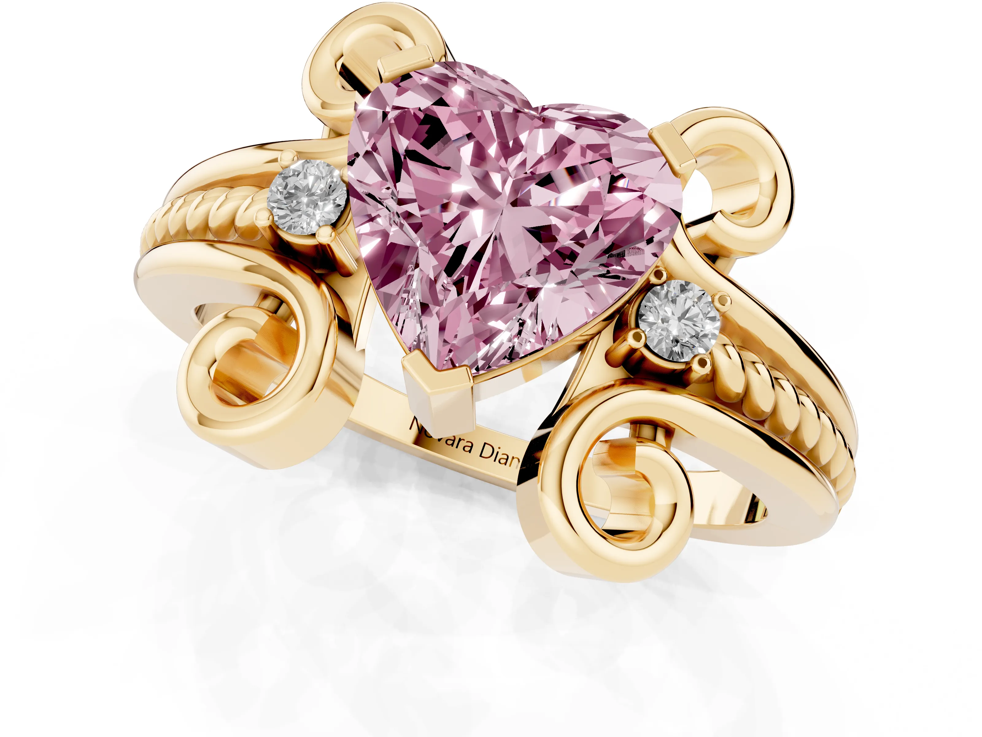 Fancy Pink Heart Cut Diamond Twisted Band Solitaire Ring Set in Yellow gold with Scroll Prongs