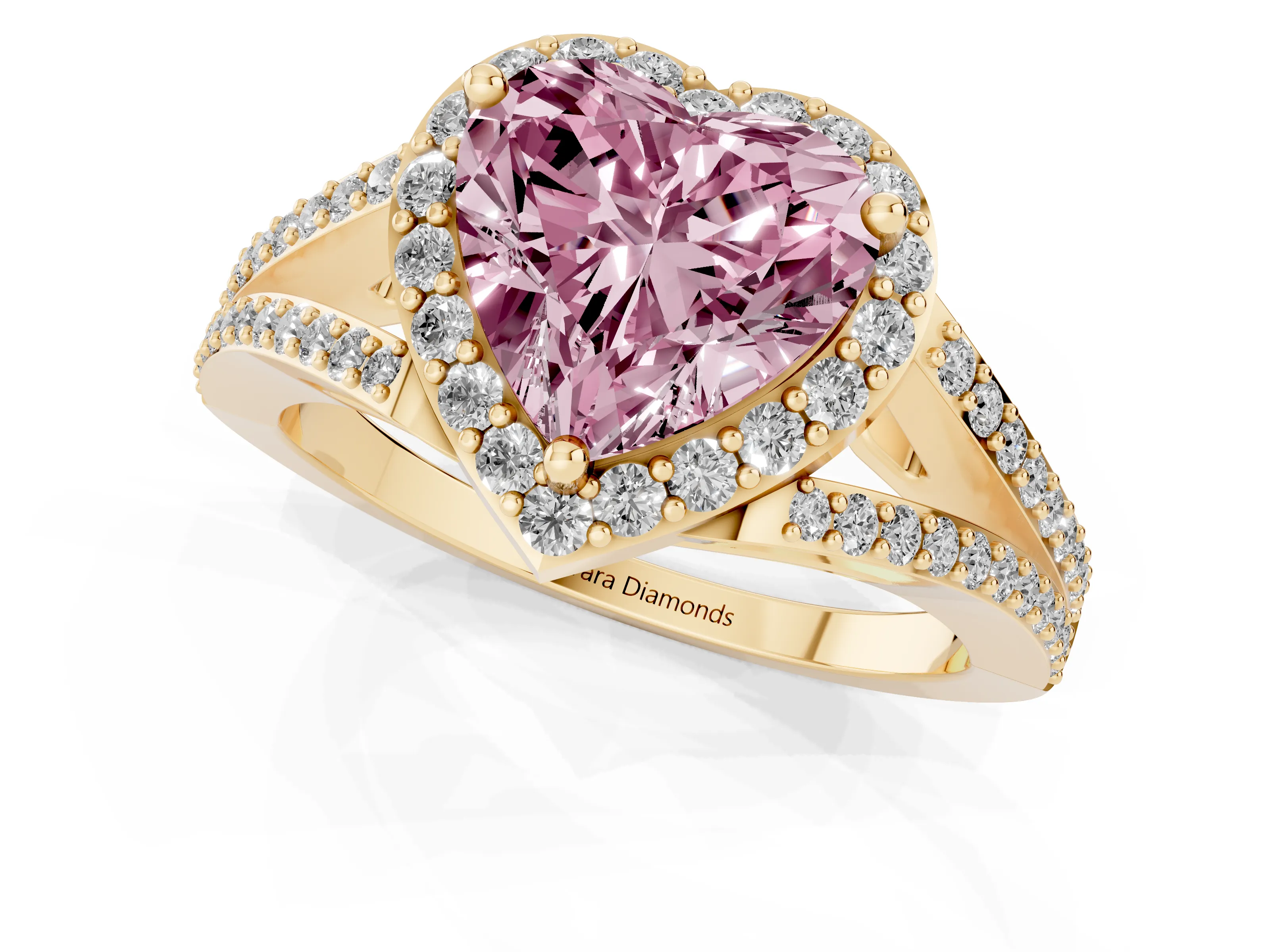 Fancy Pink Heart Cut Diamond Halo Split Shank Pavé Ring Set in Yellow gold with Prong Setting