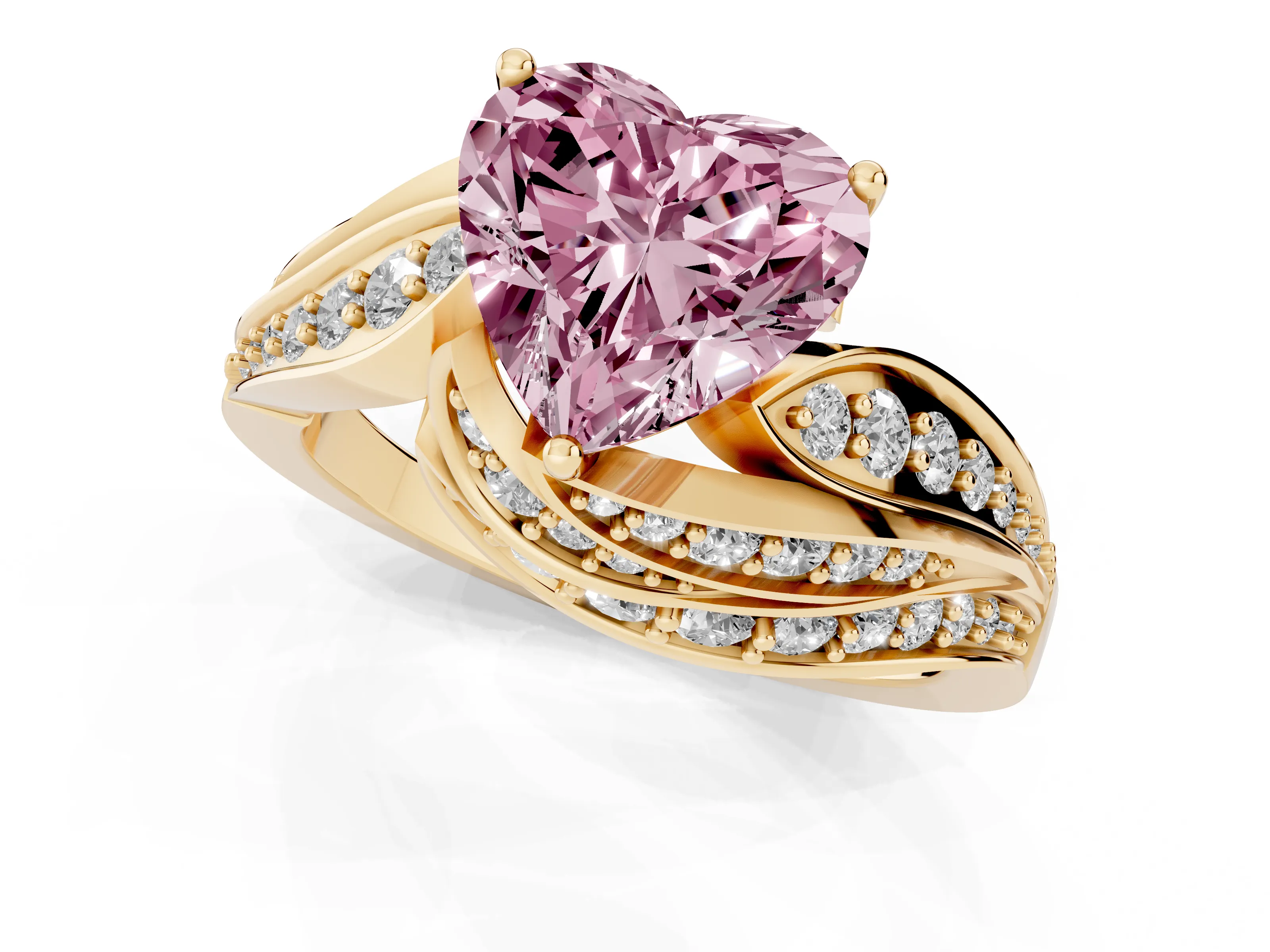 Fancy Pink Heart Cut Diamond Solitaire Ring Set in Yellow gold with Layered Twist Pavé Band