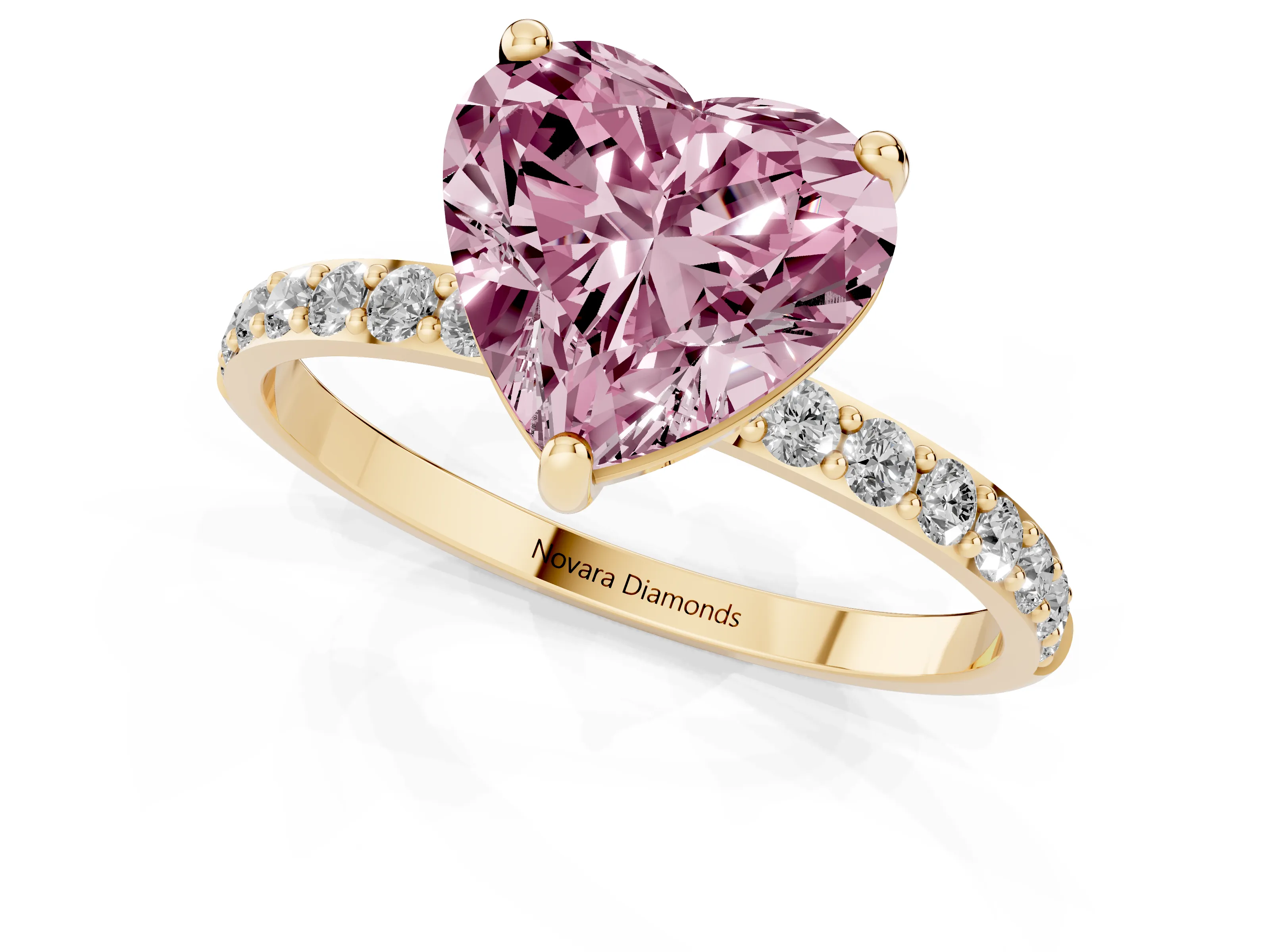 Fancy Pink Heart Cut Diamond Solitaire Ring Set in Yellow gold with Round Pavé Band and Prong Setting