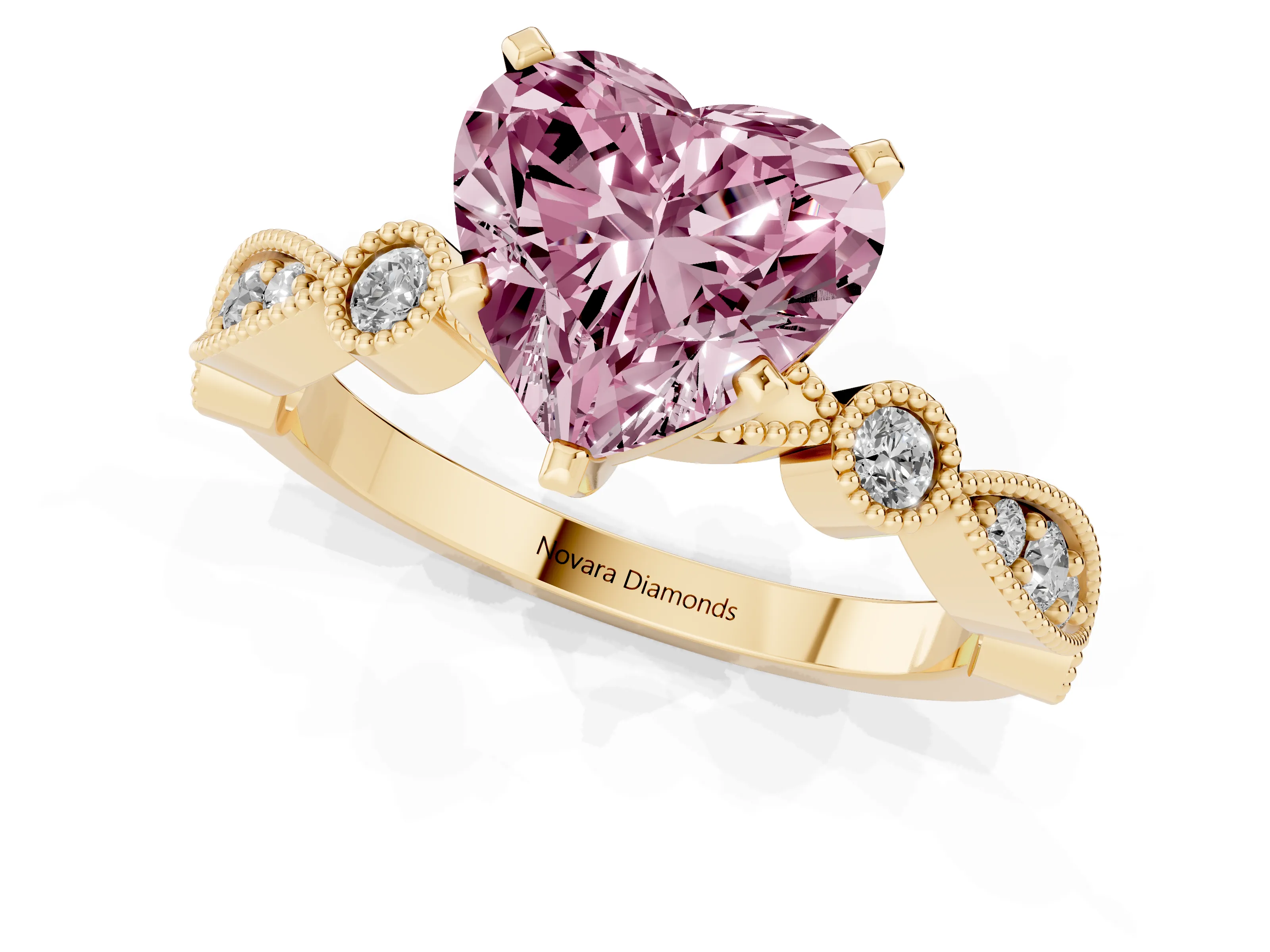 Fancy Pink Heart Cut Diamond Solitaire Engagement Ring Set in Yellow gold with Milgrain Bezel Accent Band