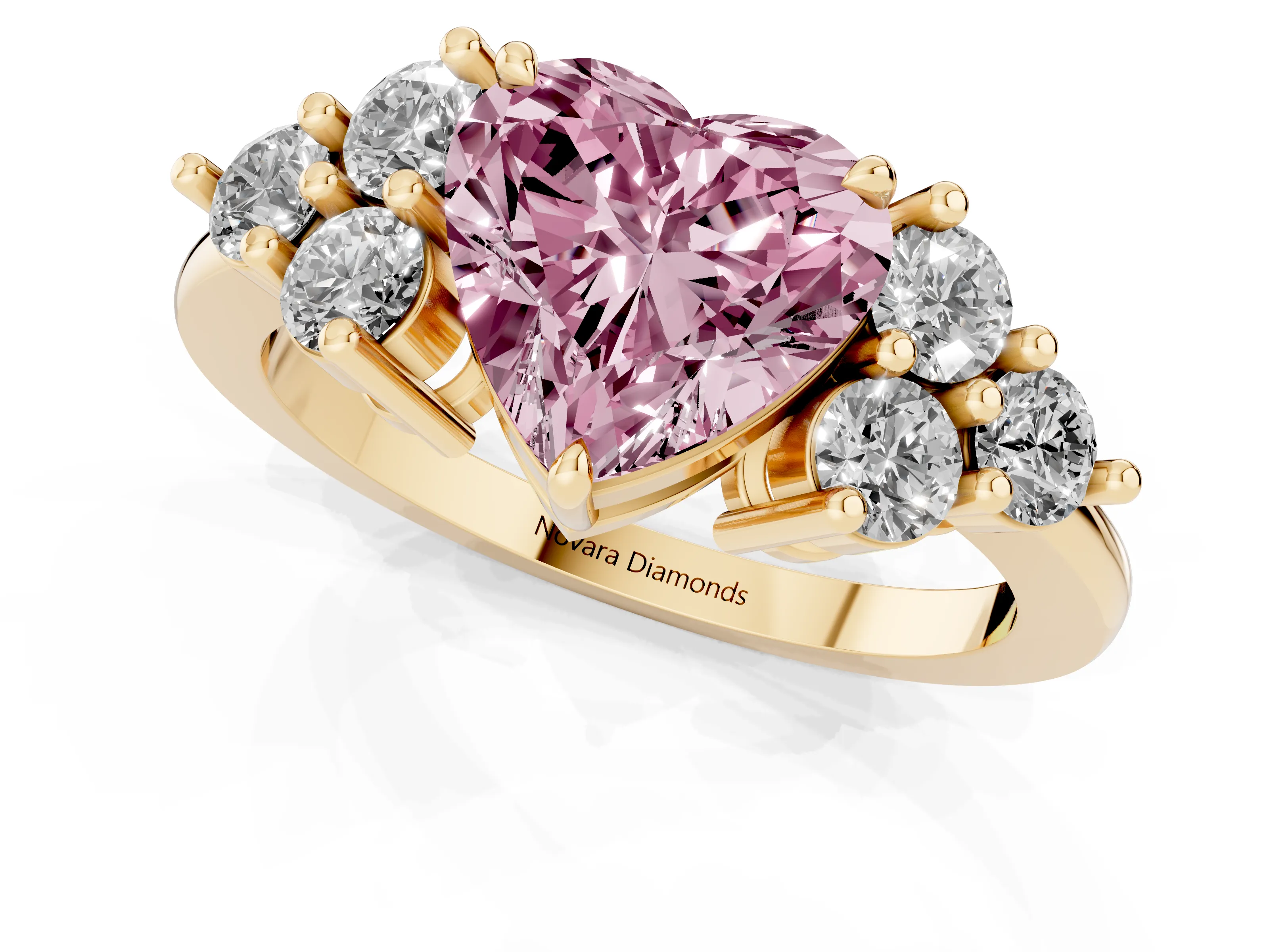 Fancy Pink Heart Cut Diamond Solitaire Ring Set in Yellow gold with Cluster Accents on Each Side
