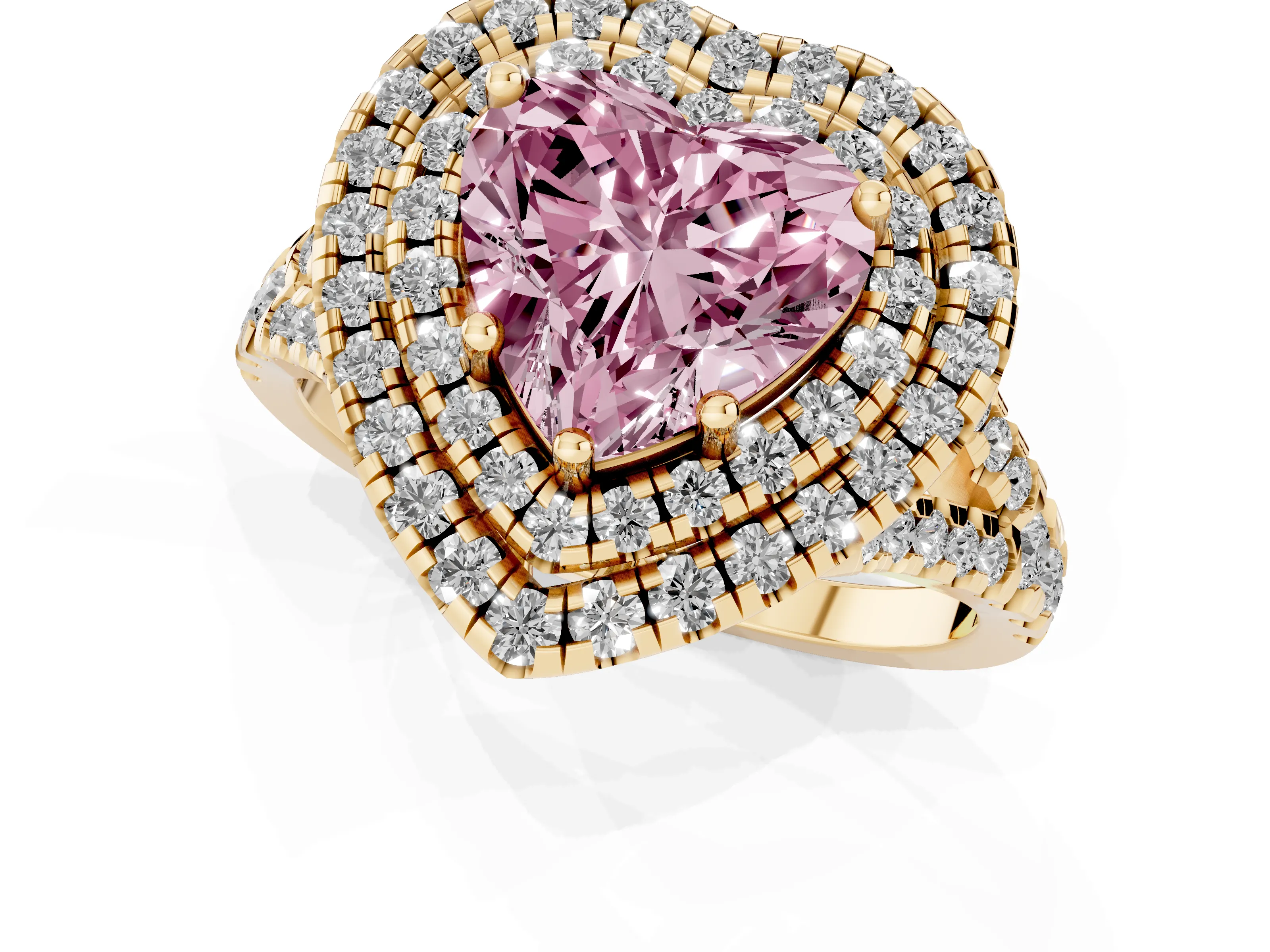 Fancy Pink Heart Cut Diamond Double Halo Ring Set in Yellow gold with Pavé Split Shank and Prong Setting