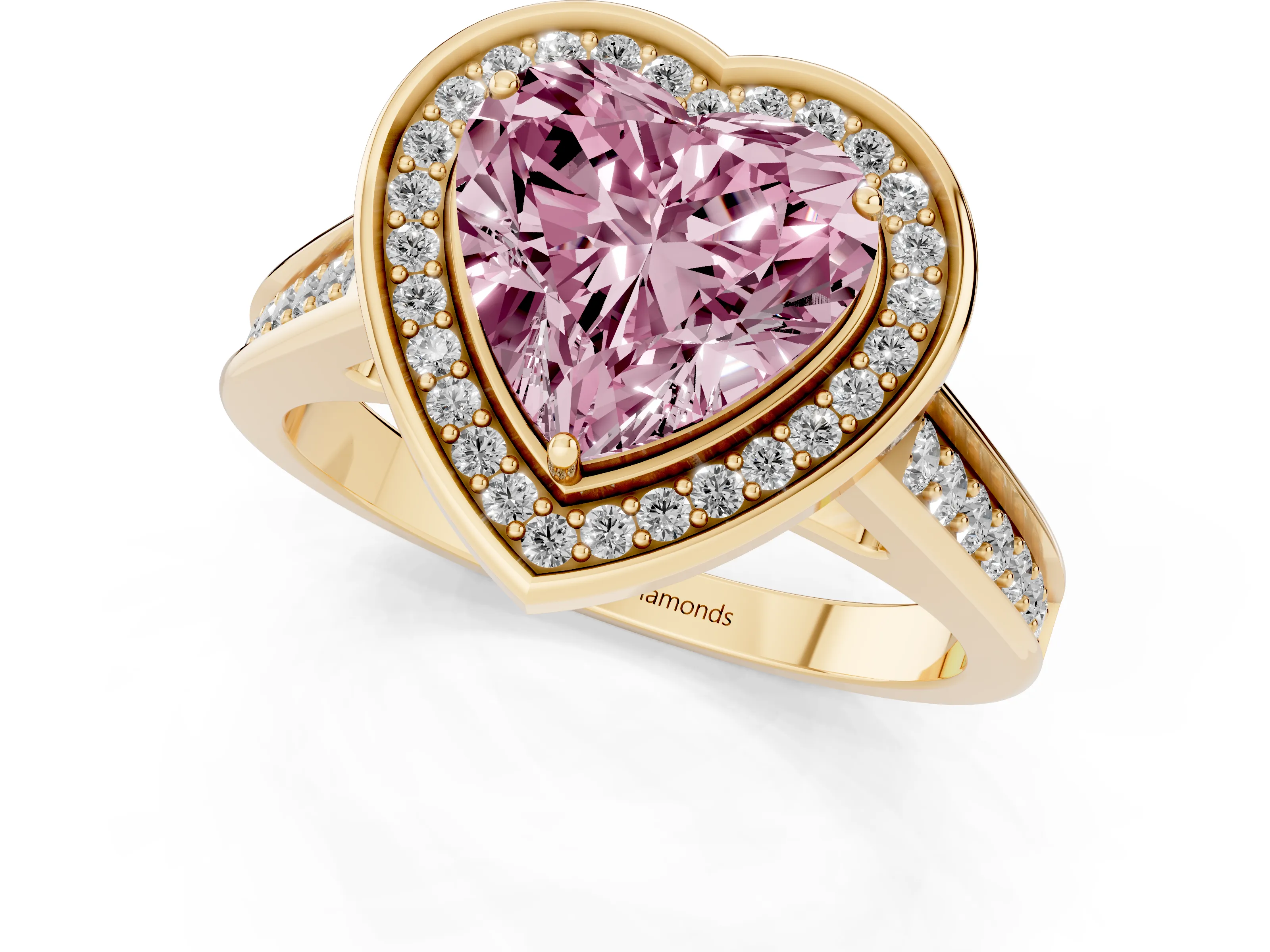 Fancy Pink Heart Cut Diamond Halo Solitaire Ring Set in Yellow gold with Pavé Band and Bezel Setting