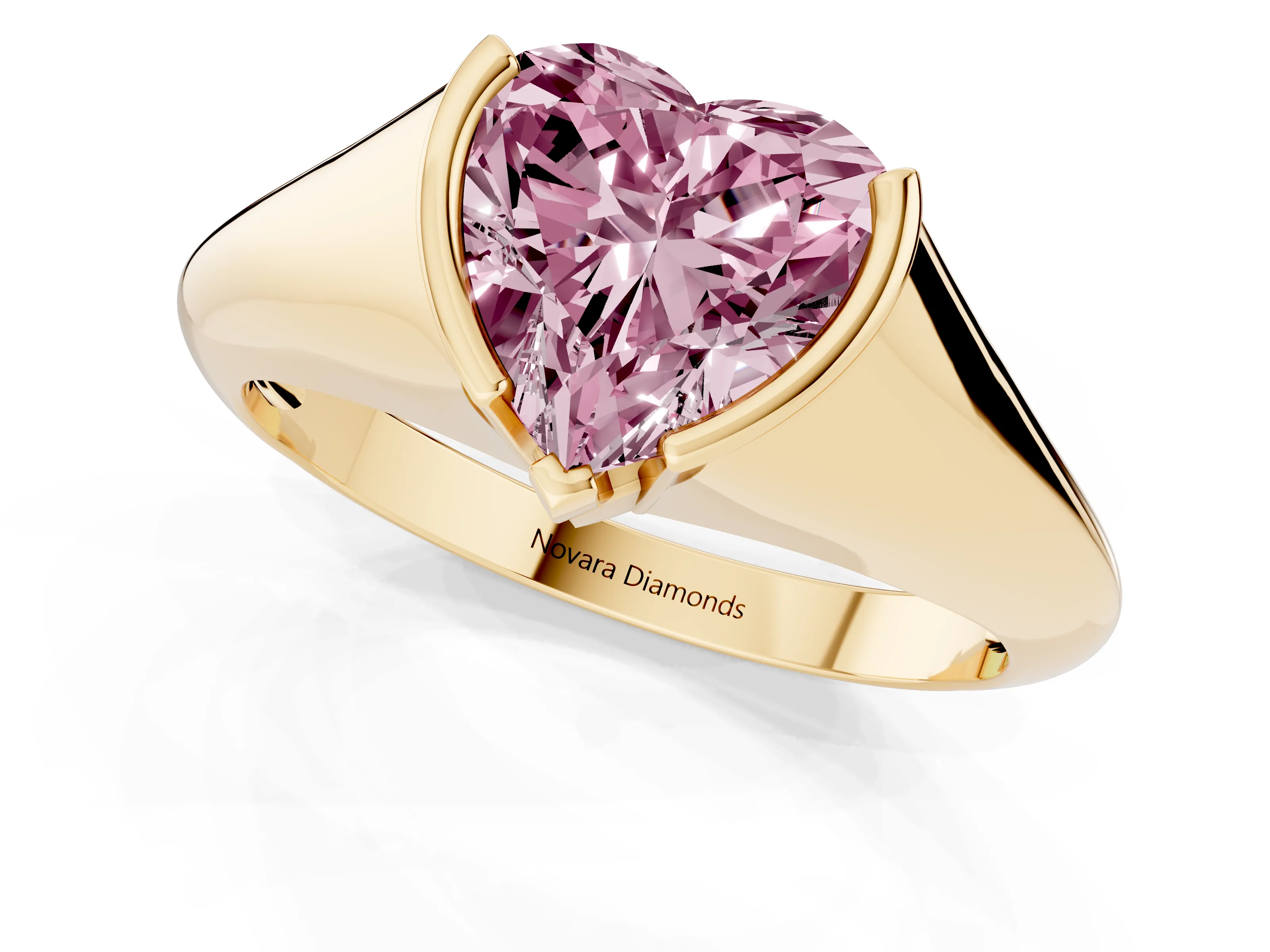 Fancy Pink Heart Cut Diamond Solitaire Tension Set Ring Set in Yellow gold