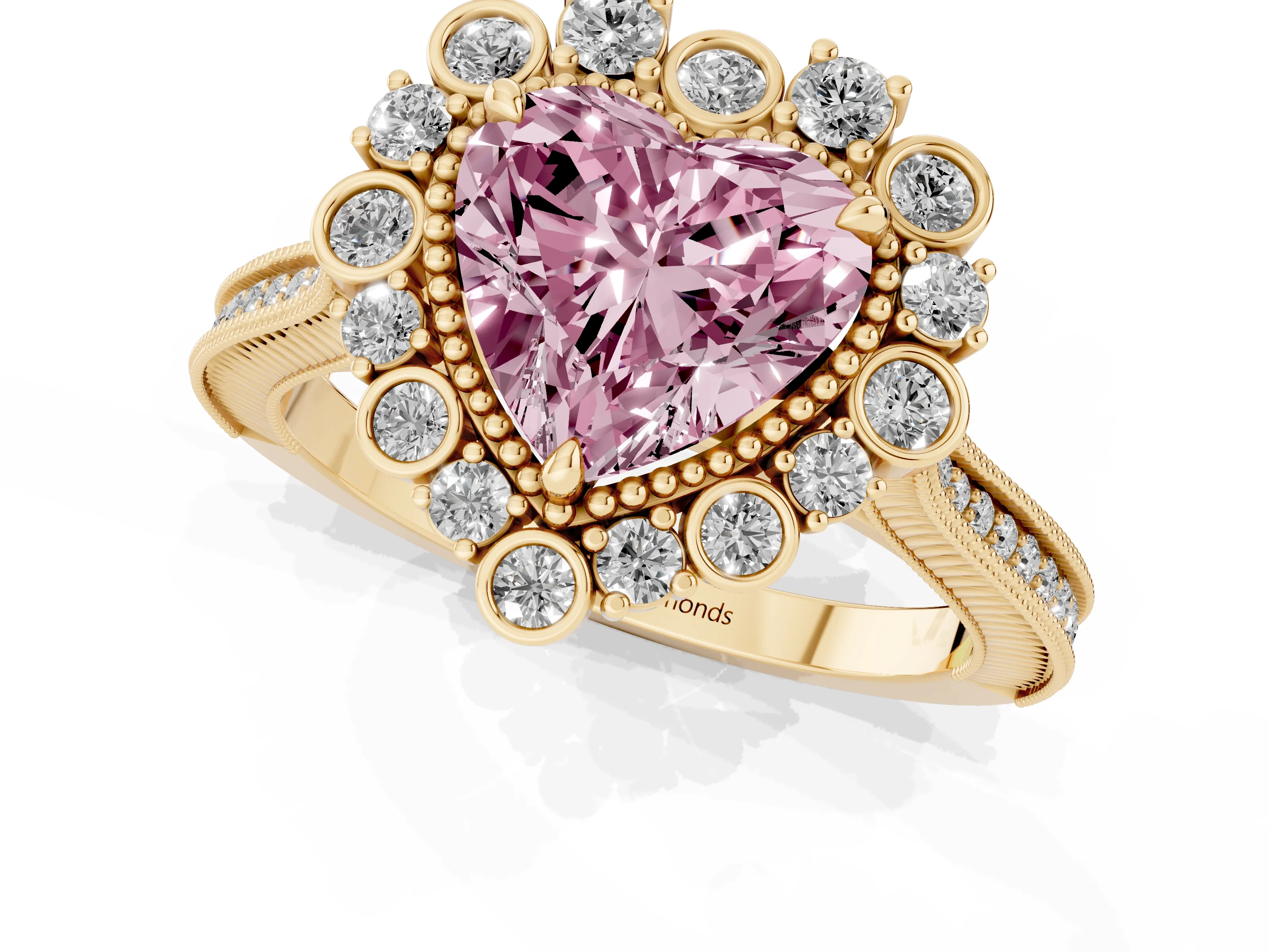 Fancy Pink Heart Cut Diamond Halo Milgrain Pavé Ring Set in Yellow gold with Prong Setting