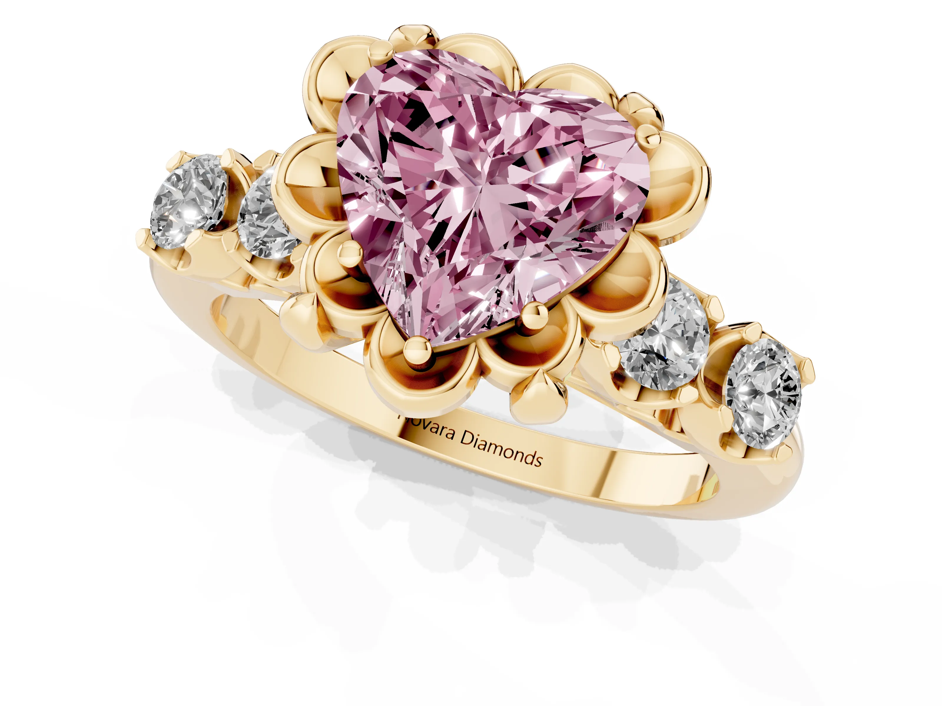 Fancy Pink Heart Cut Diamond Floral Halo Ring Set in Yellow gold with Shared Prong Band