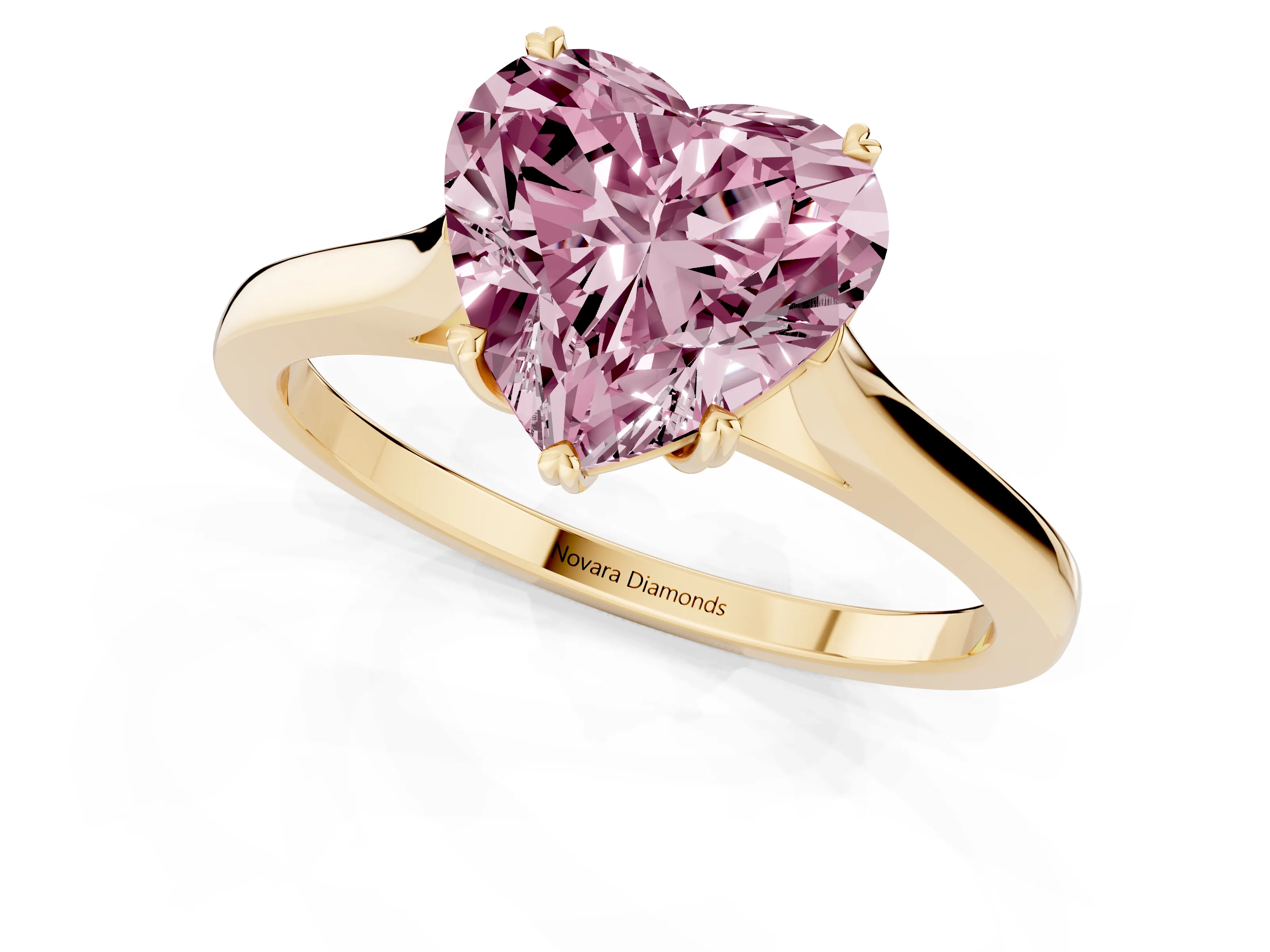 Fancy Pink Heart Cut Diamond Solitaire Heart Prong Engagement Ring Set in Yellow gold with Tapered Band