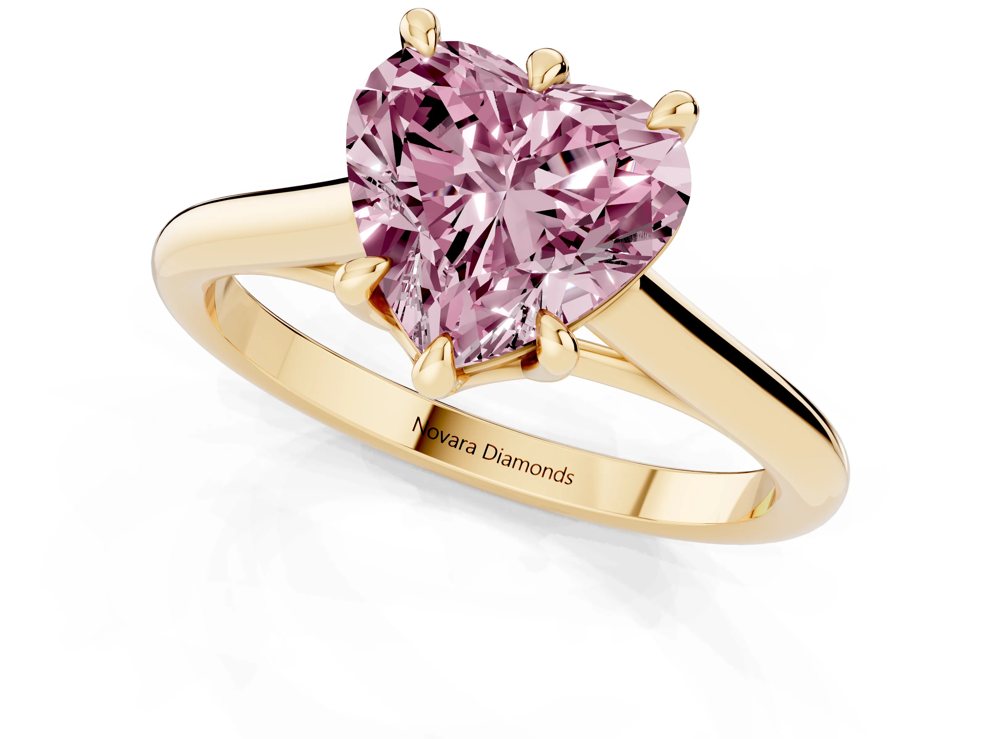 Fancy Pink Heart Cut Diamond Solitaire Engagement Ring Set in Yellow gold with Prong Setting and Plain Classic Band