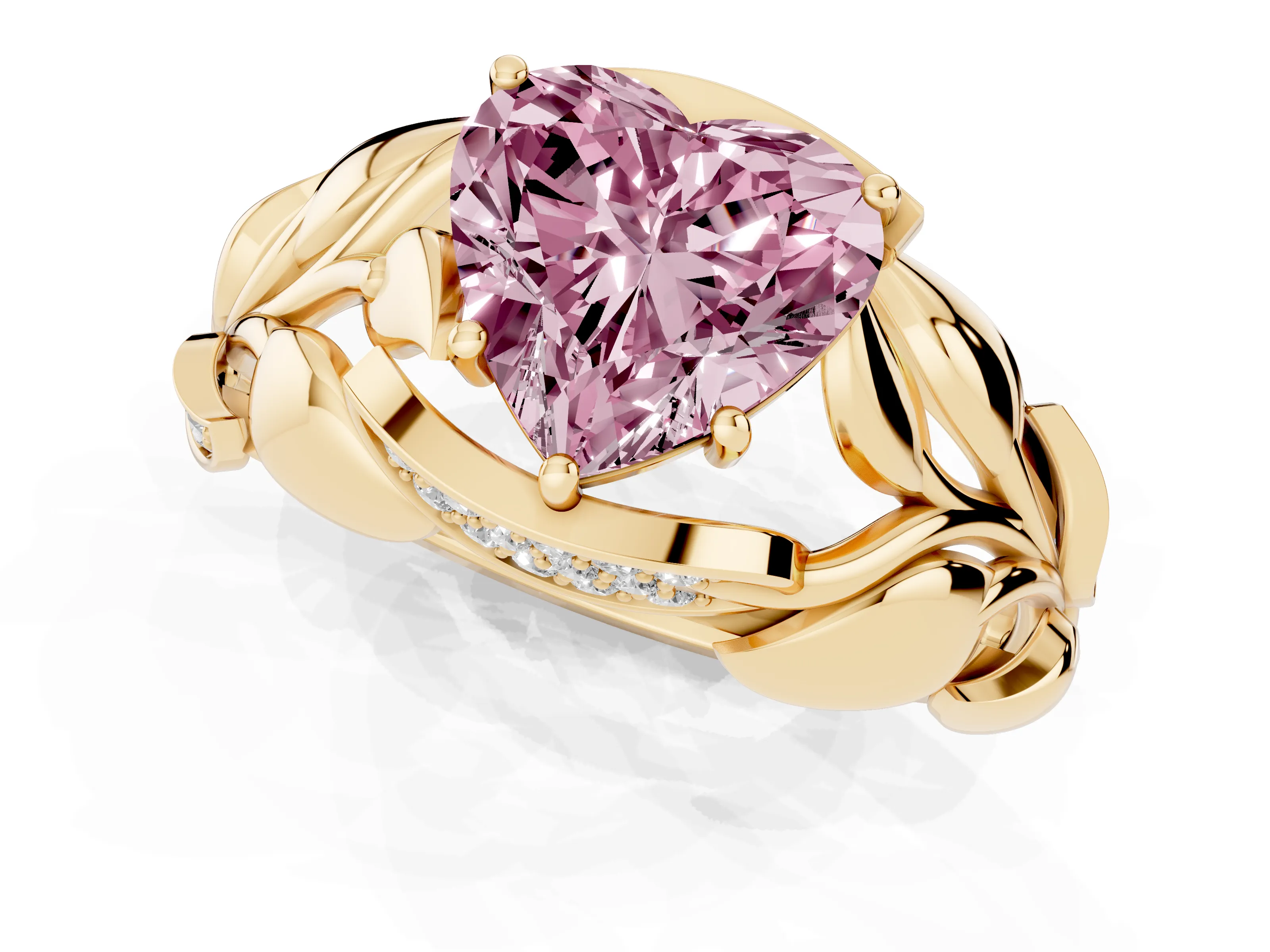 Fancy Pink Heart Cut Diamond Leaf-Inspired Engagement Ring Set in Yellow gold with Round Accents
