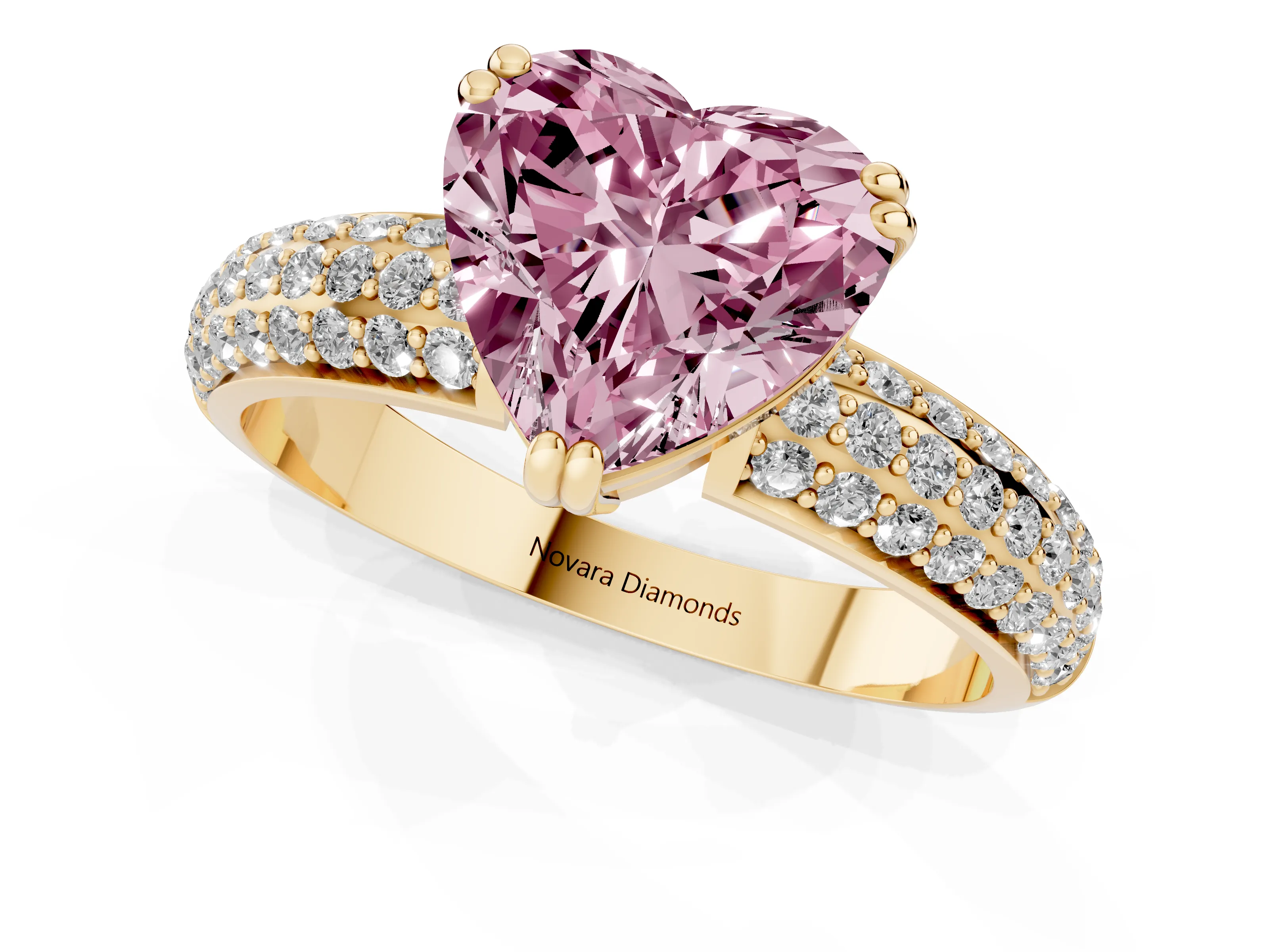 Fancy Pink Heart Cut Diamond Solitaire Ring Set in Yellow gold with Multi-Row Round Pavé Band and Prong Setting