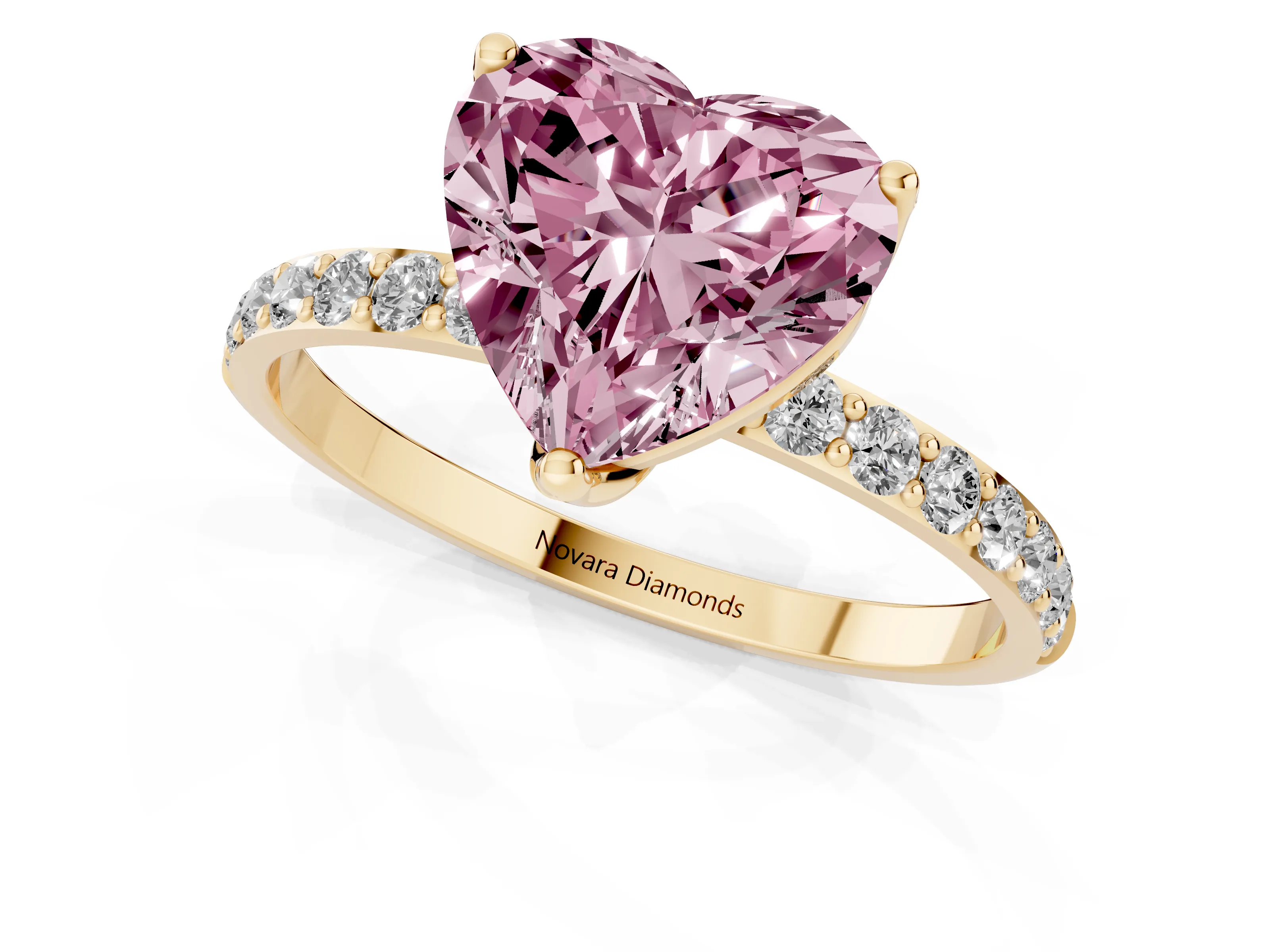 Fancy Pink Heart Cut Diamond Solitaire Engagement Ring Set in Yellow gold with Round Pavé Band and Prong Setting