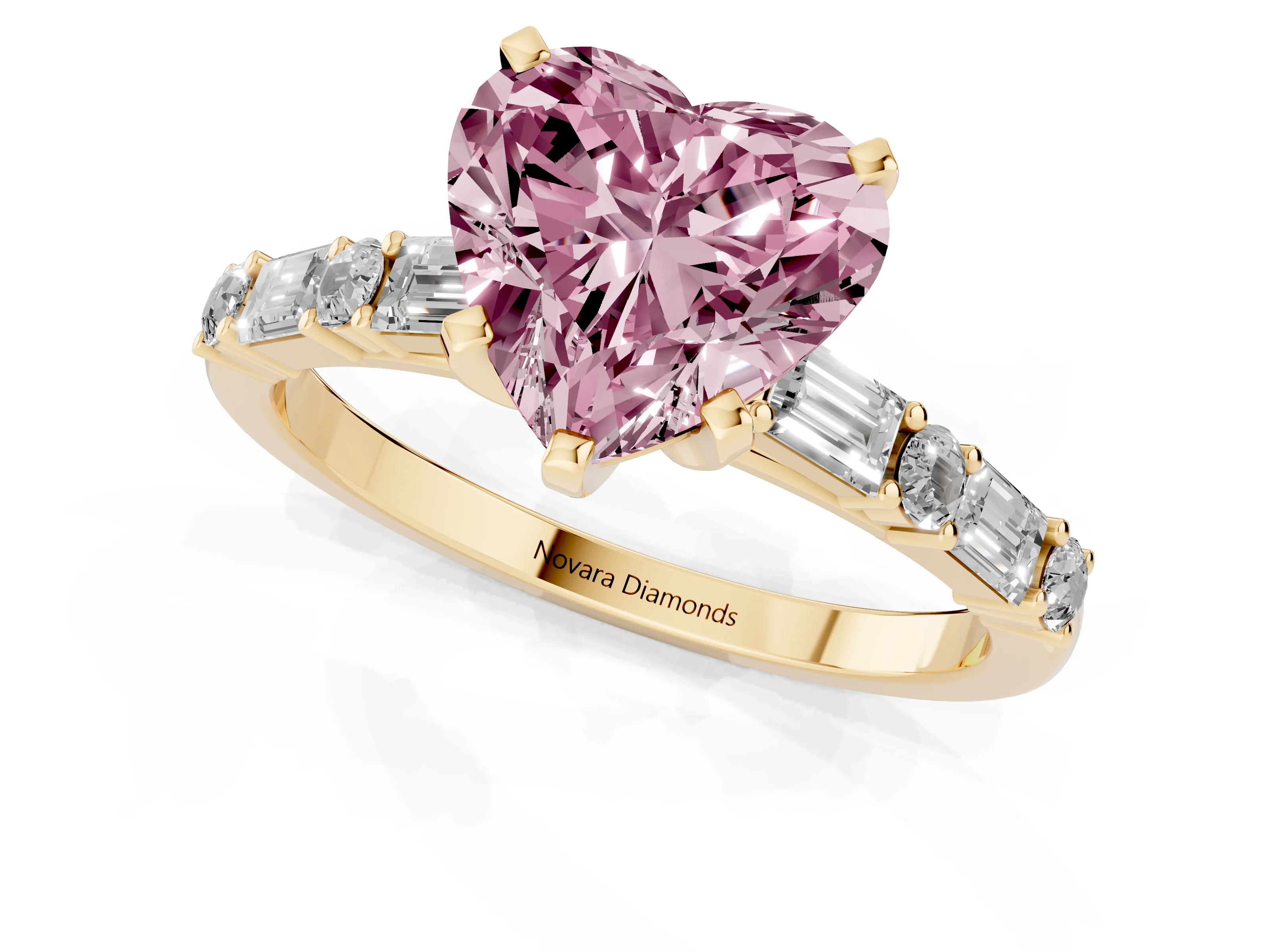 Fancy Pink Heart Cut Diamond Solitaire Set in Yellow gold with Side Baguettes and Channel Set Band